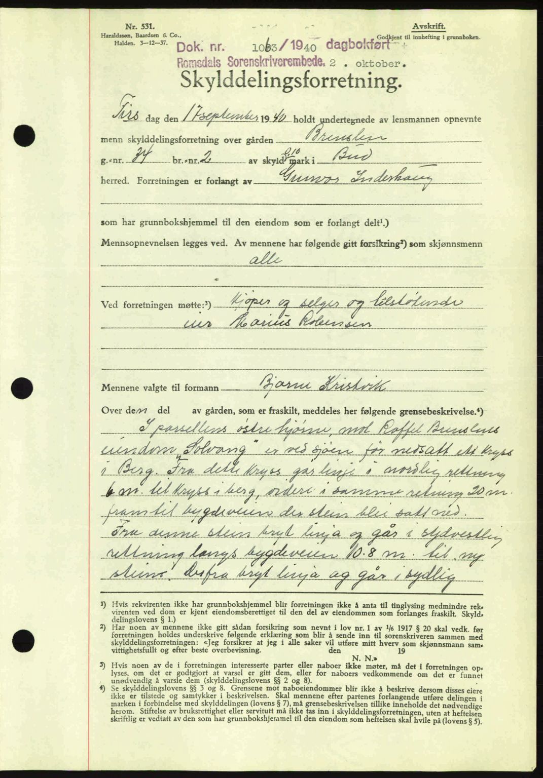 Romsdal sorenskriveri, AV/SAT-A-4149/1/2/2C: Pantebok nr. A8, 1939-1940, Dagboknr: 1063/1940