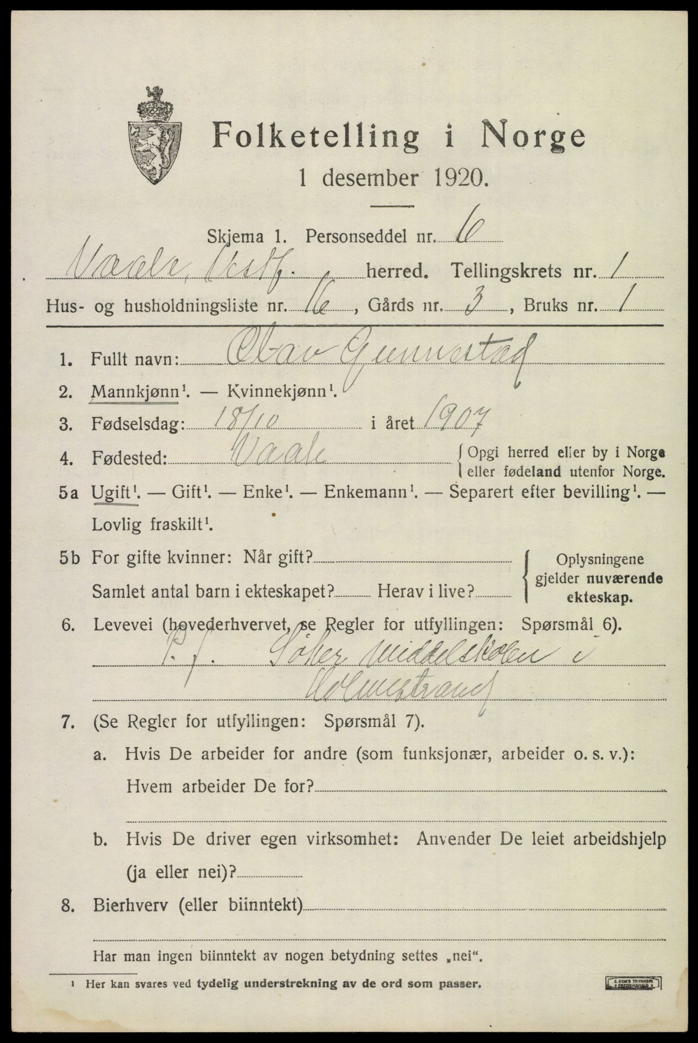 SAKO, Folketelling 1920 for 0716 Våle herred, 1920, s. 1244