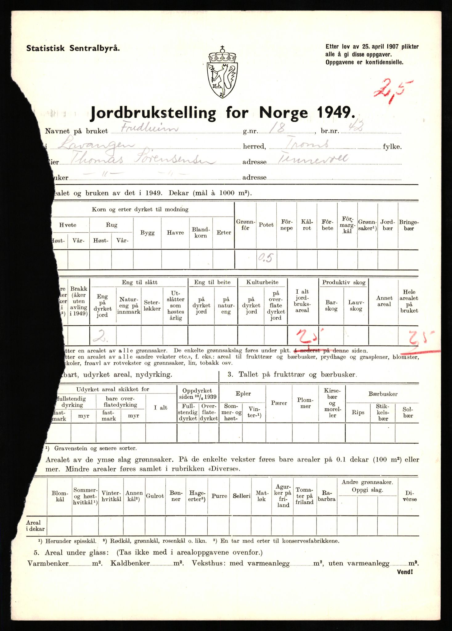 Statistisk sentralbyrå, Næringsøkonomiske emner, Jordbruk, skogbruk, jakt, fiske og fangst, AV/RA-S-2234/G/Gc/L0437: Troms: Gratangen og Lavangen, 1949, s. 20