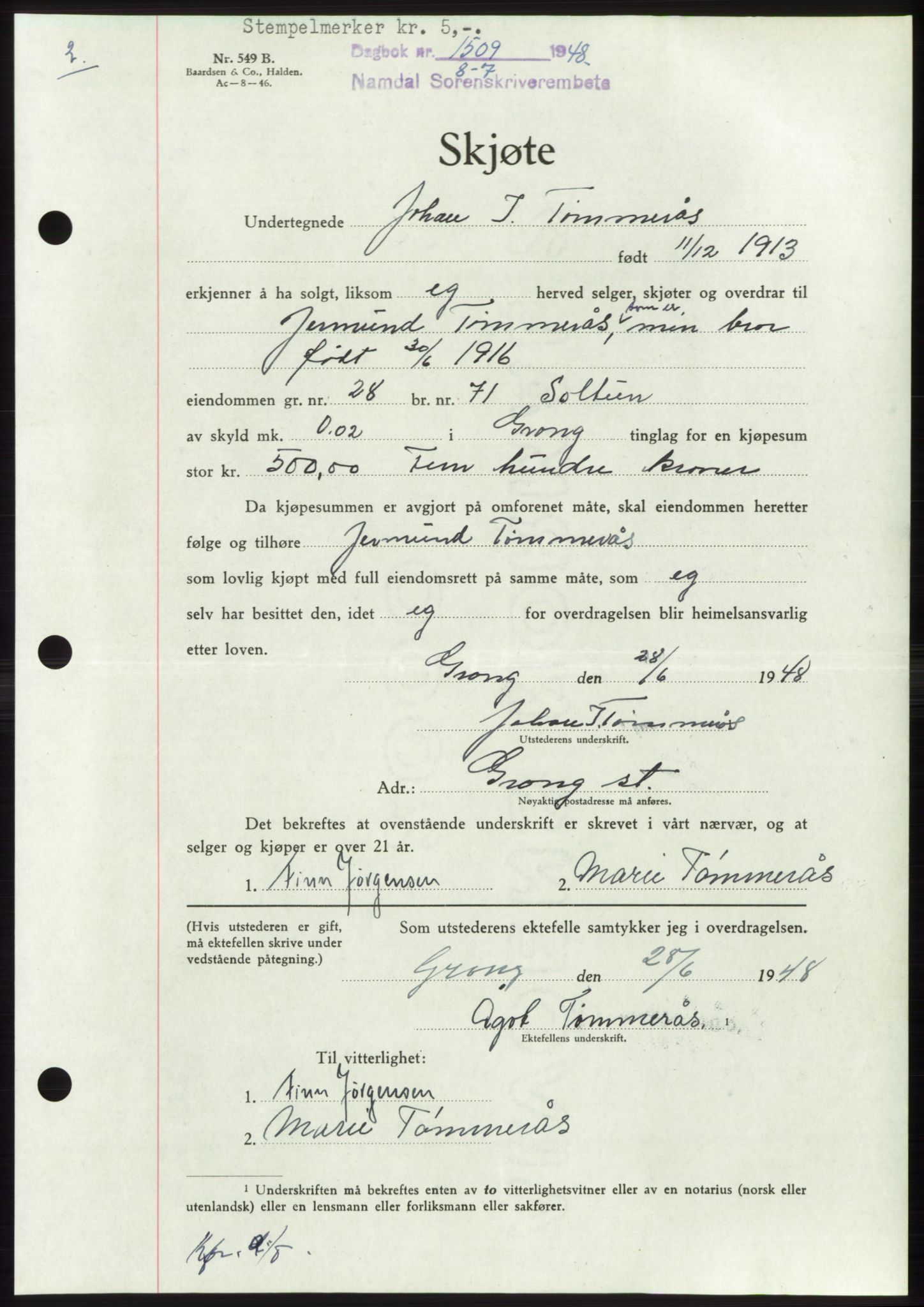 Namdal sorenskriveri, SAT/A-4133/1/2/2C: Pantebok nr. -, 1948-1948, Dagboknr: 1509/1948