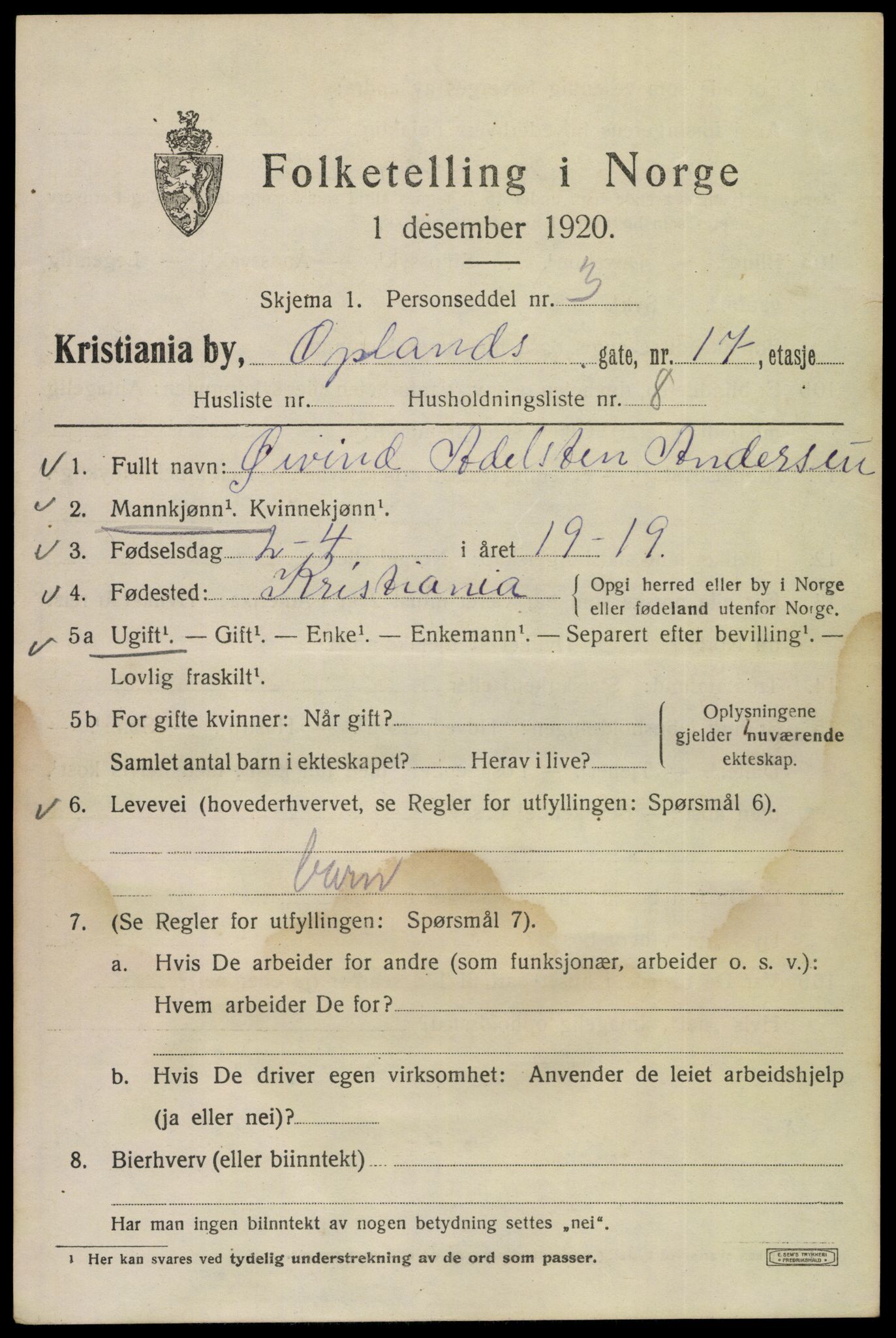 SAO, Folketelling 1920 for 0301 Kristiania kjøpstad, 1920, s. 434835
