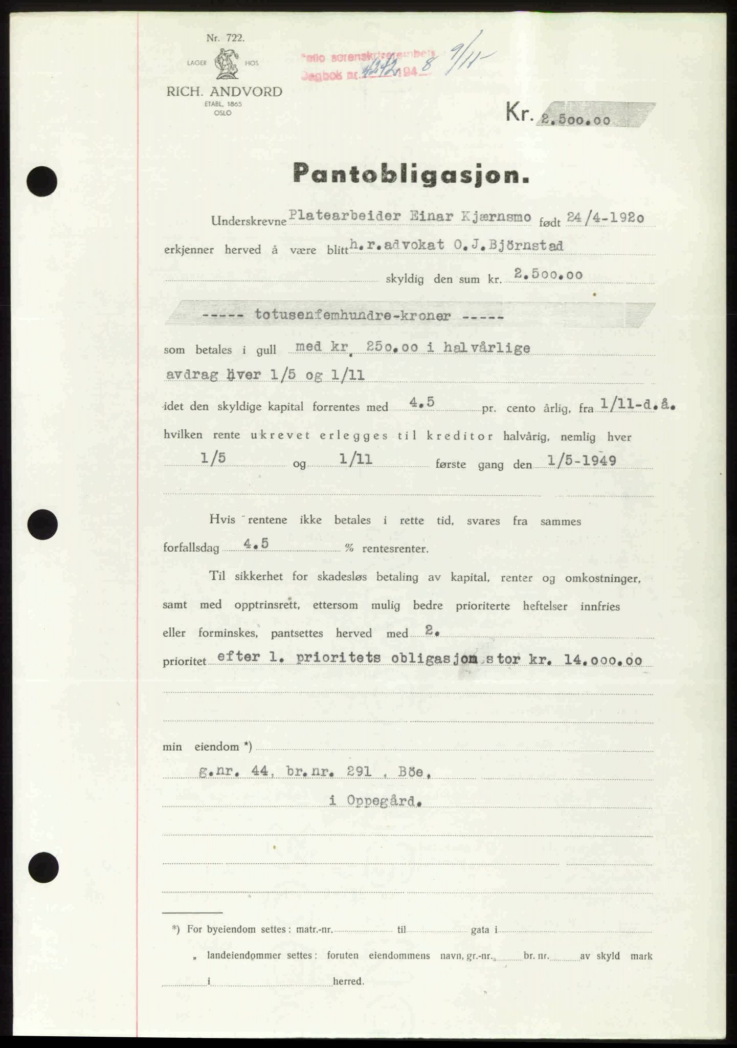 Follo sorenskriveri, SAO/A-10274/G/Ga/Gaa/L0085: Pantebok nr. I 85, 1948-1948, Dagboknr: 4242/1948