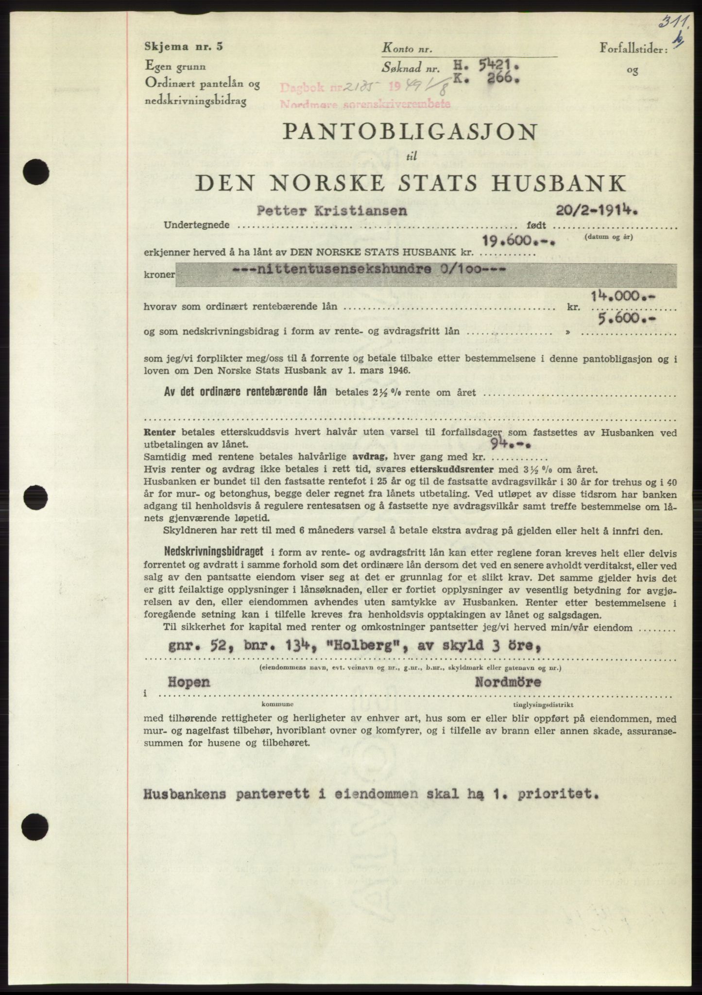 Nordmøre sorenskriveri, SAT/A-4132/1/2/2Ca: Pantebok nr. B102, 1949-1949, Dagboknr: 2135/1949