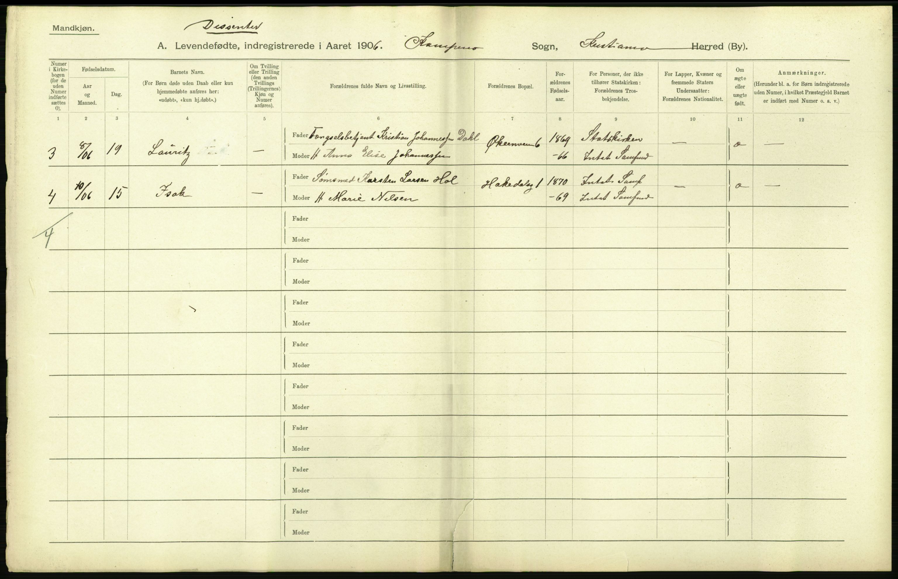 Statistisk sentralbyrå, Sosiodemografiske emner, Befolkning, AV/RA-S-2228/D/Df/Dfa/Dfad/L0007: Kristiania: Levendefødte menn og kvinner., 1906, s. 750