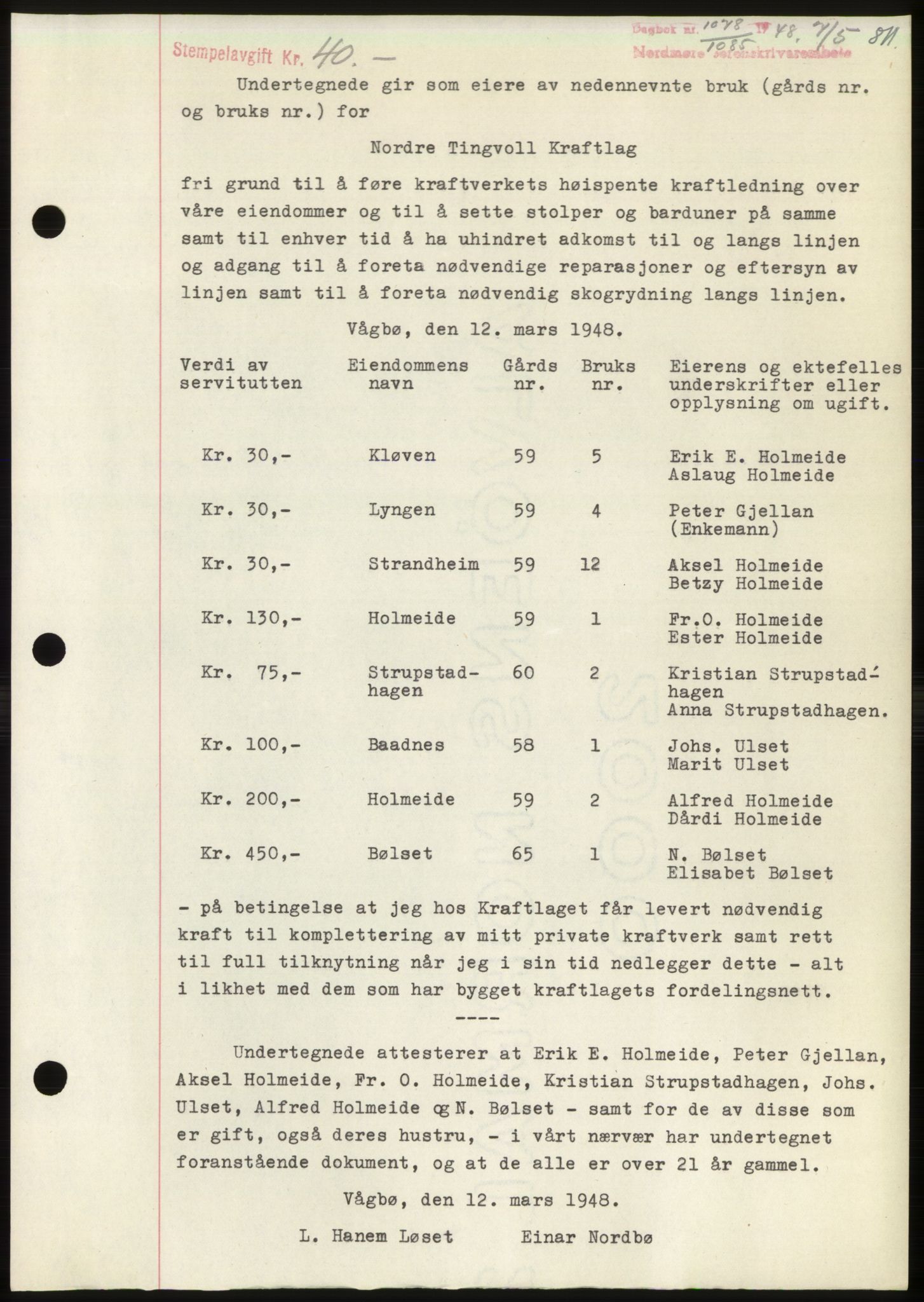 Nordmøre sorenskriveri, AV/SAT-A-4132/1/2/2Ca: Pantebok nr. B98, 1948-1948, Dagboknr: 1078/1948