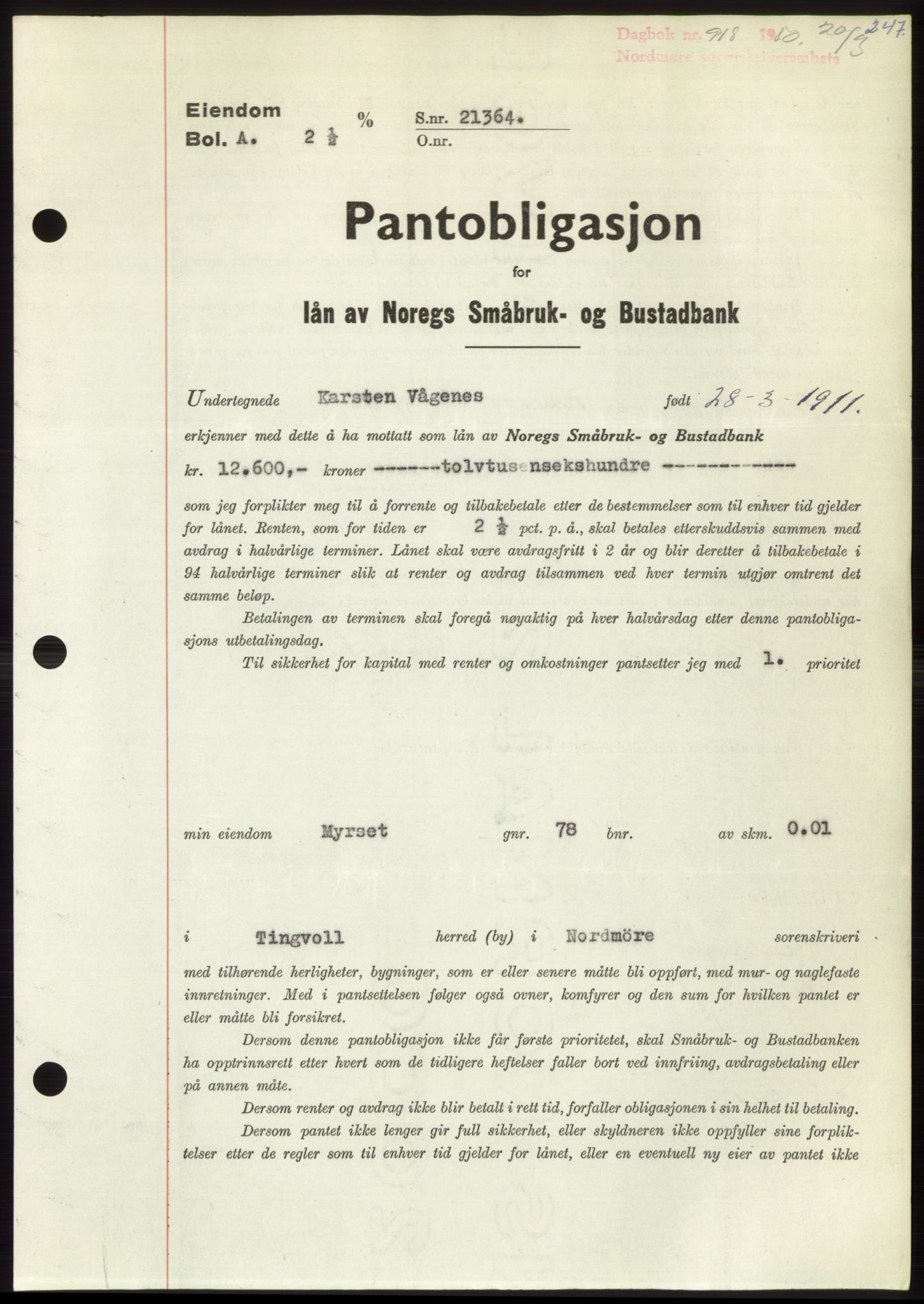 Nordmøre sorenskriveri, SAT/A-4132/1/2/2Ca: Pantebok nr. B104, 1950-1950, Dagboknr: 918/1950