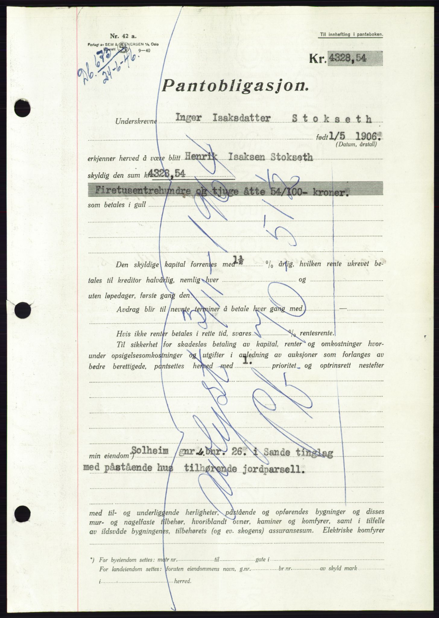 Søre Sunnmøre sorenskriveri, AV/SAT-A-4122/1/2/2C/L0114: Pantebok nr. 1-2B, 1943-1947, Dagboknr: 673/1946