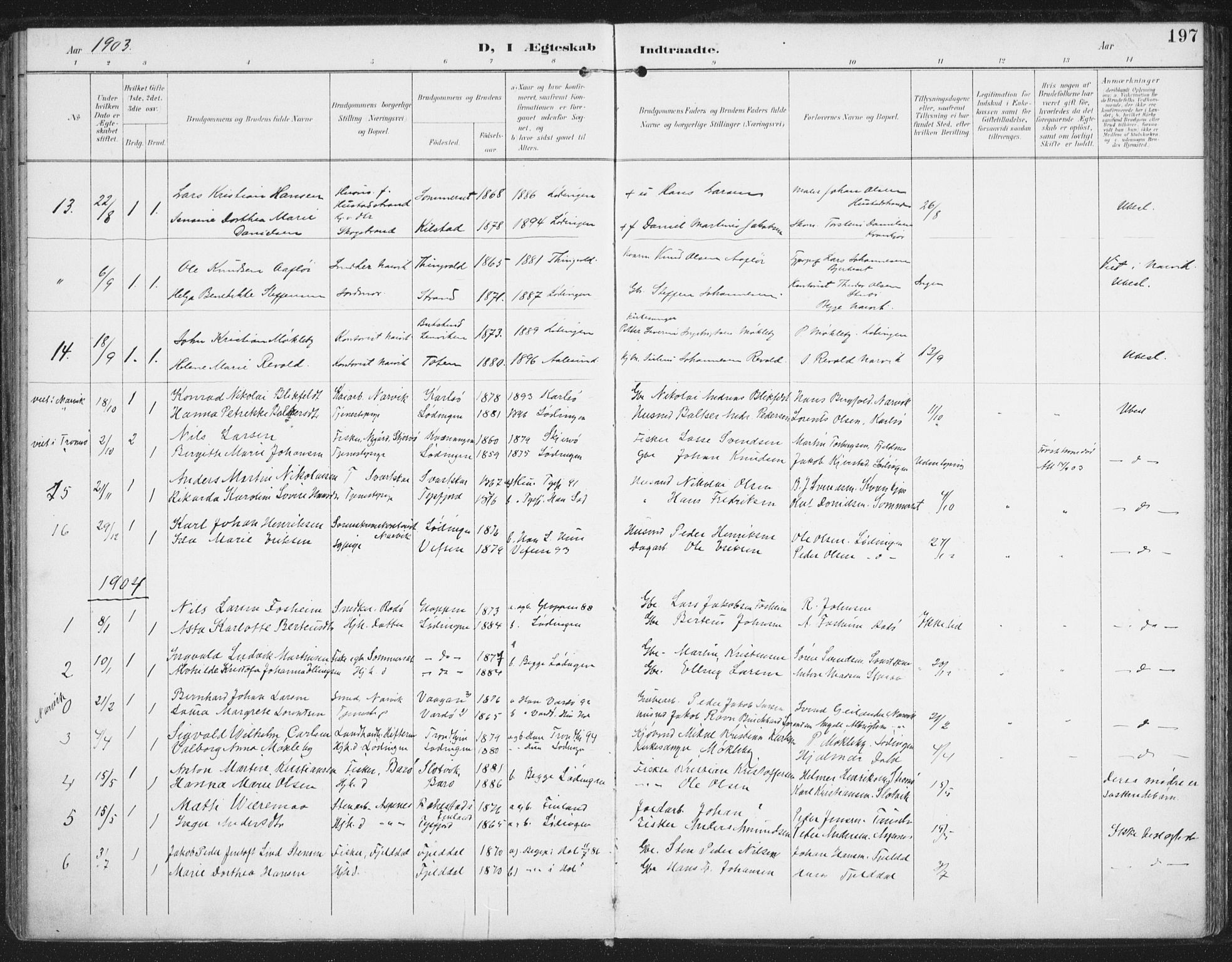 Ministerialprotokoller, klokkerbøker og fødselsregistre - Nordland, AV/SAT-A-1459/872/L1036: Ministerialbok nr. 872A11, 1897-1913, s. 197