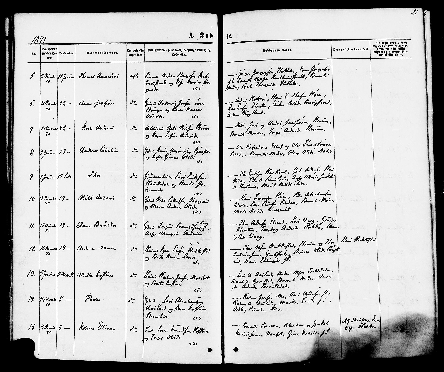 Bamble kirkebøker, AV/SAKO-A-253/F/Fa/L0006: Ministerialbok nr. I 6, 1869-1877, s. 21
