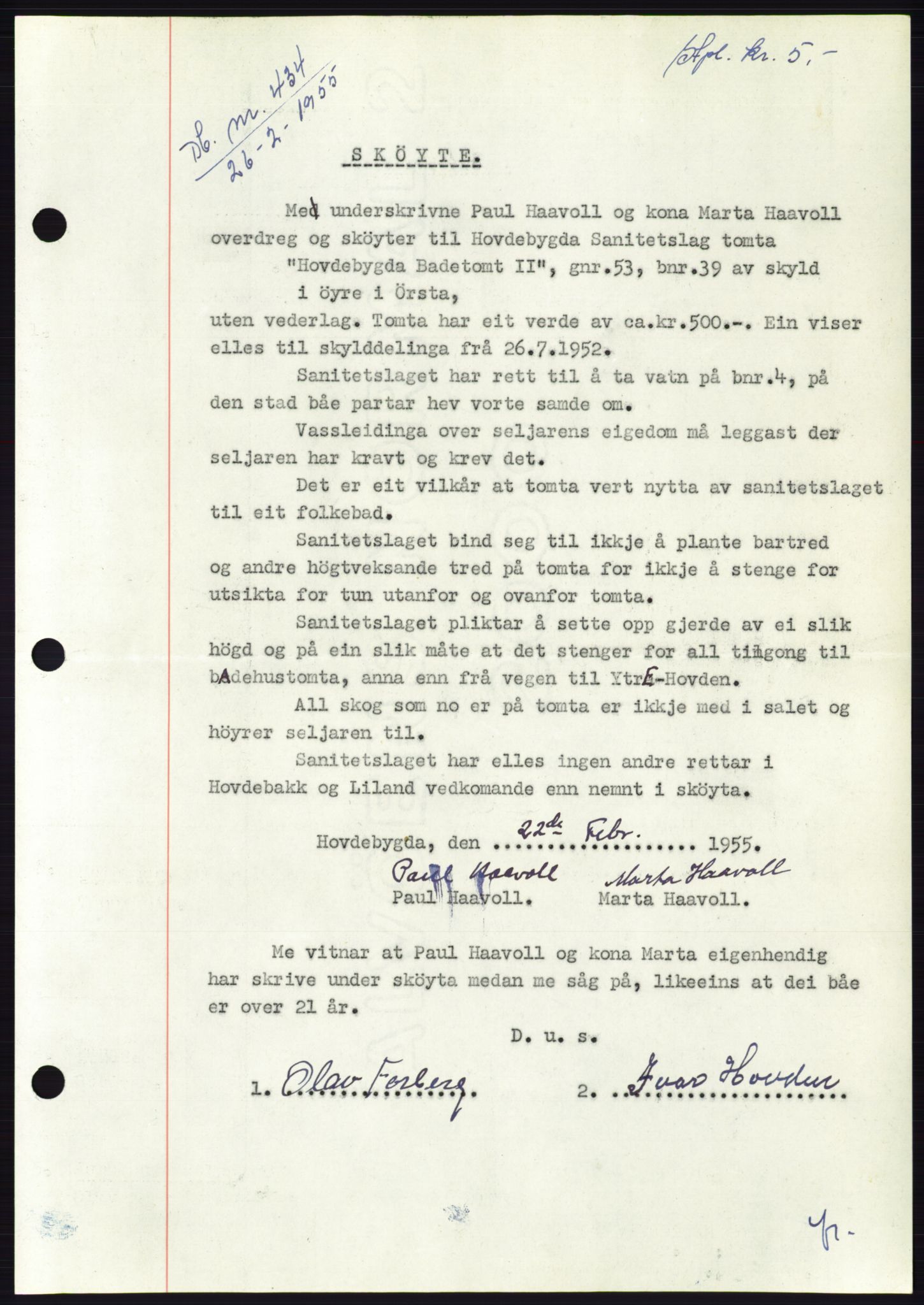 Søre Sunnmøre sorenskriveri, AV/SAT-A-4122/1/2/2C/L0100: Pantebok nr. 26A, 1954-1955, Dagboknr: 434/1955