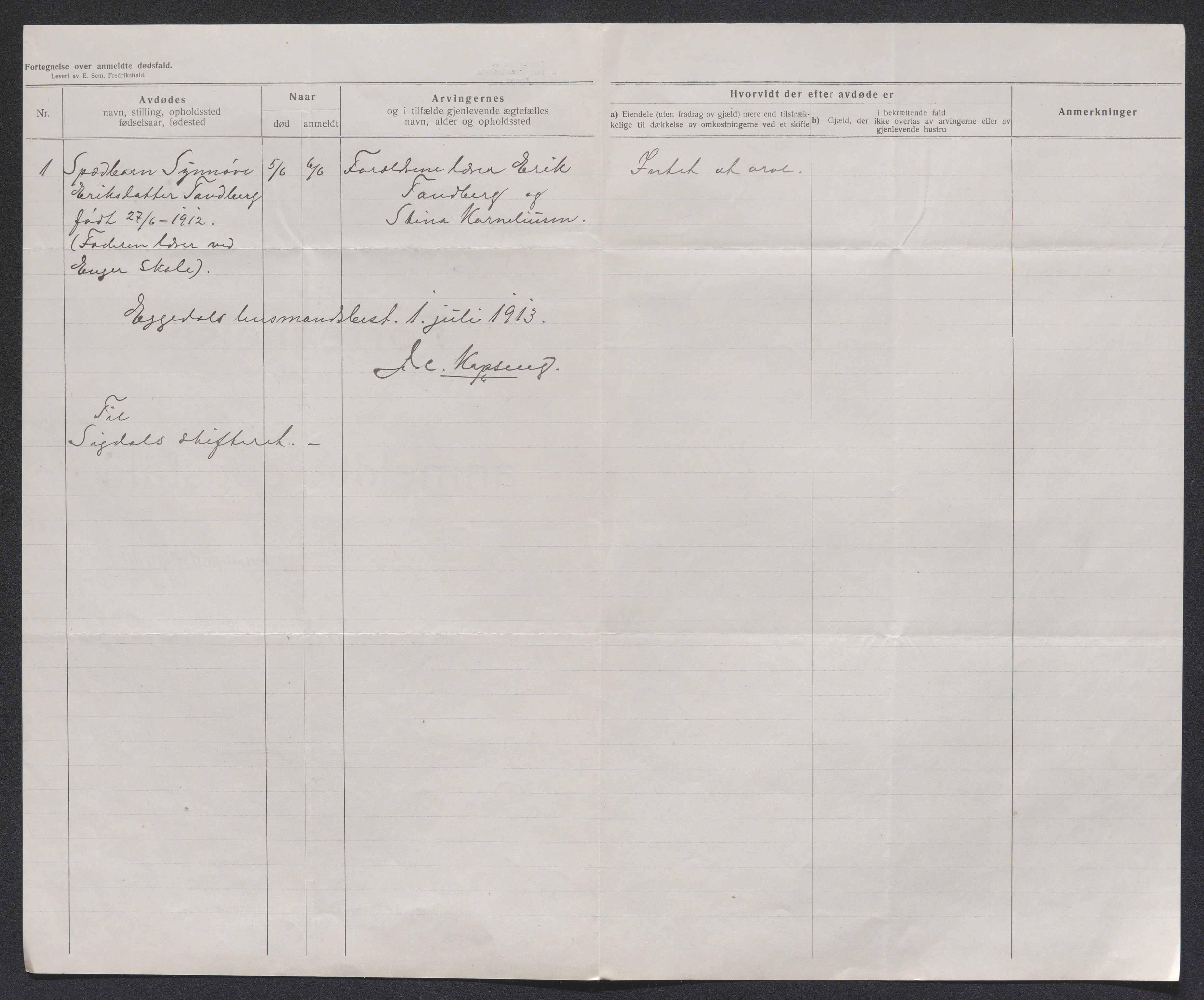 Eiker, Modum og Sigdal sorenskriveri, AV/SAKO-A-123/H/Ha/Hab/L0036: Dødsfallsmeldinger, 1913, s. 426