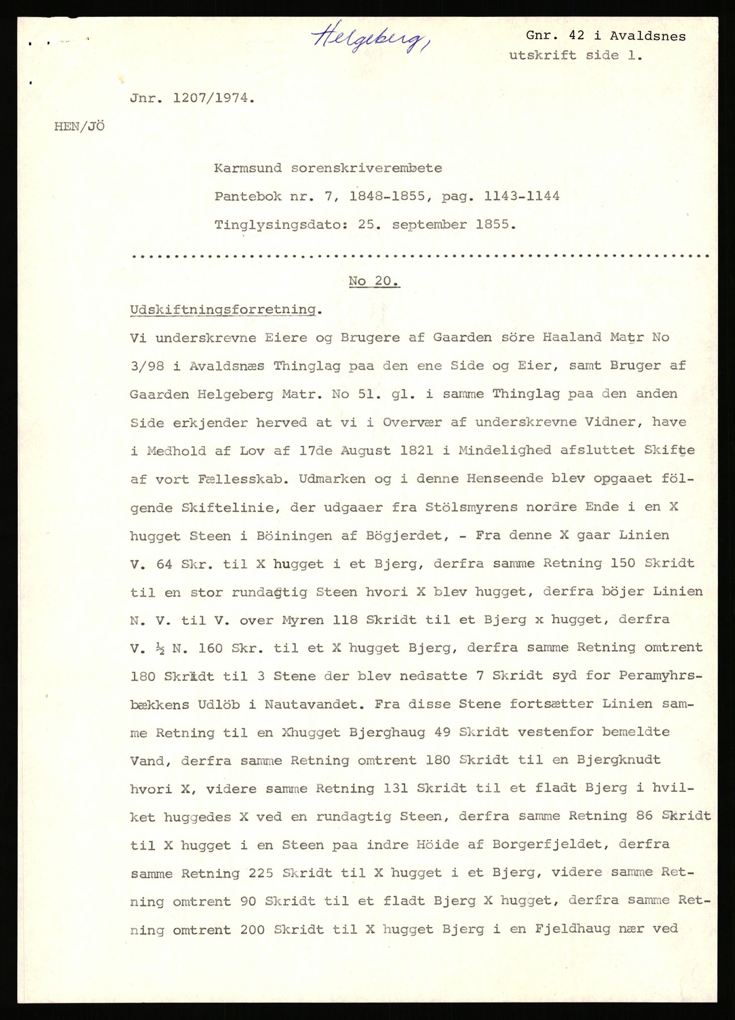 Statsarkivet i Stavanger, SAST/A-101971/03/Y/Yj/L0033: Avskrifter sortert etter gårdsnavn: Hausland - Helgeland i Avaldsnes, 1750-1930, s. 603