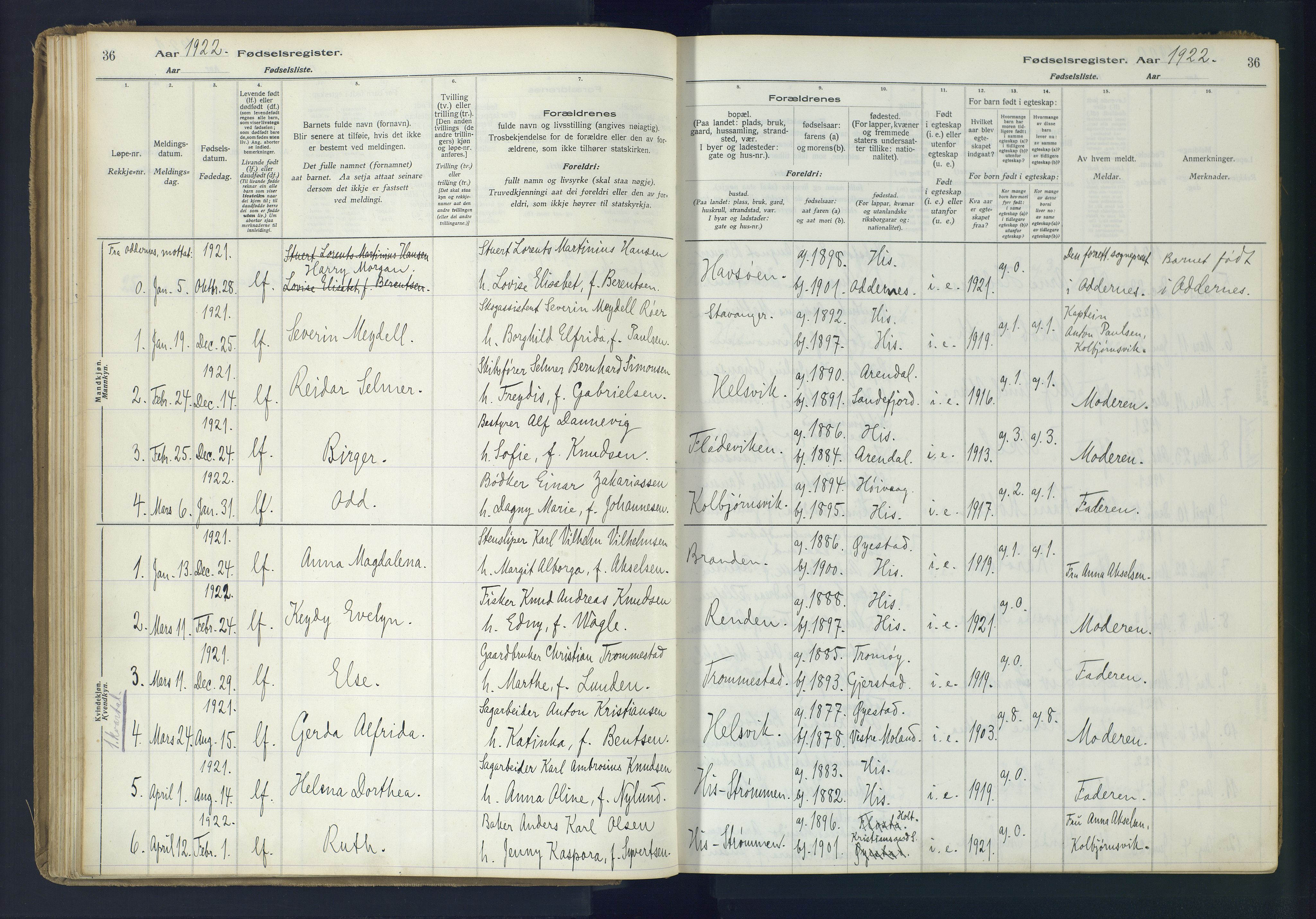 Hisøy sokneprestkontor, SAK/1111-0020/J/Ja/L0001: Fødselsregister nr. A-VI-14, 1916-1951, s. 36