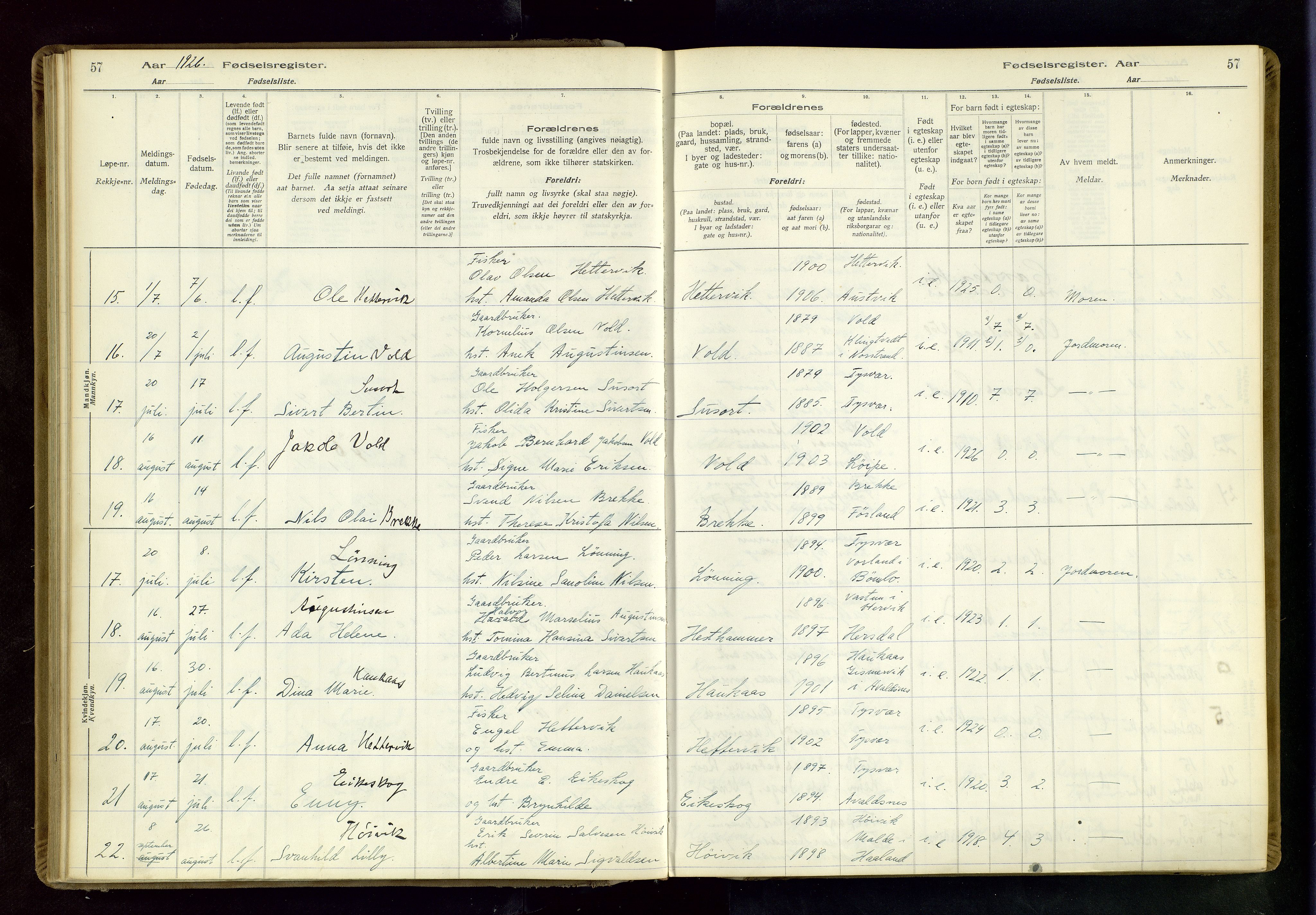 Tysvær sokneprestkontor, AV/SAST-A -101864/I/Id/L0001: Fødselsregister nr. 1, 1916-1954, s. 57