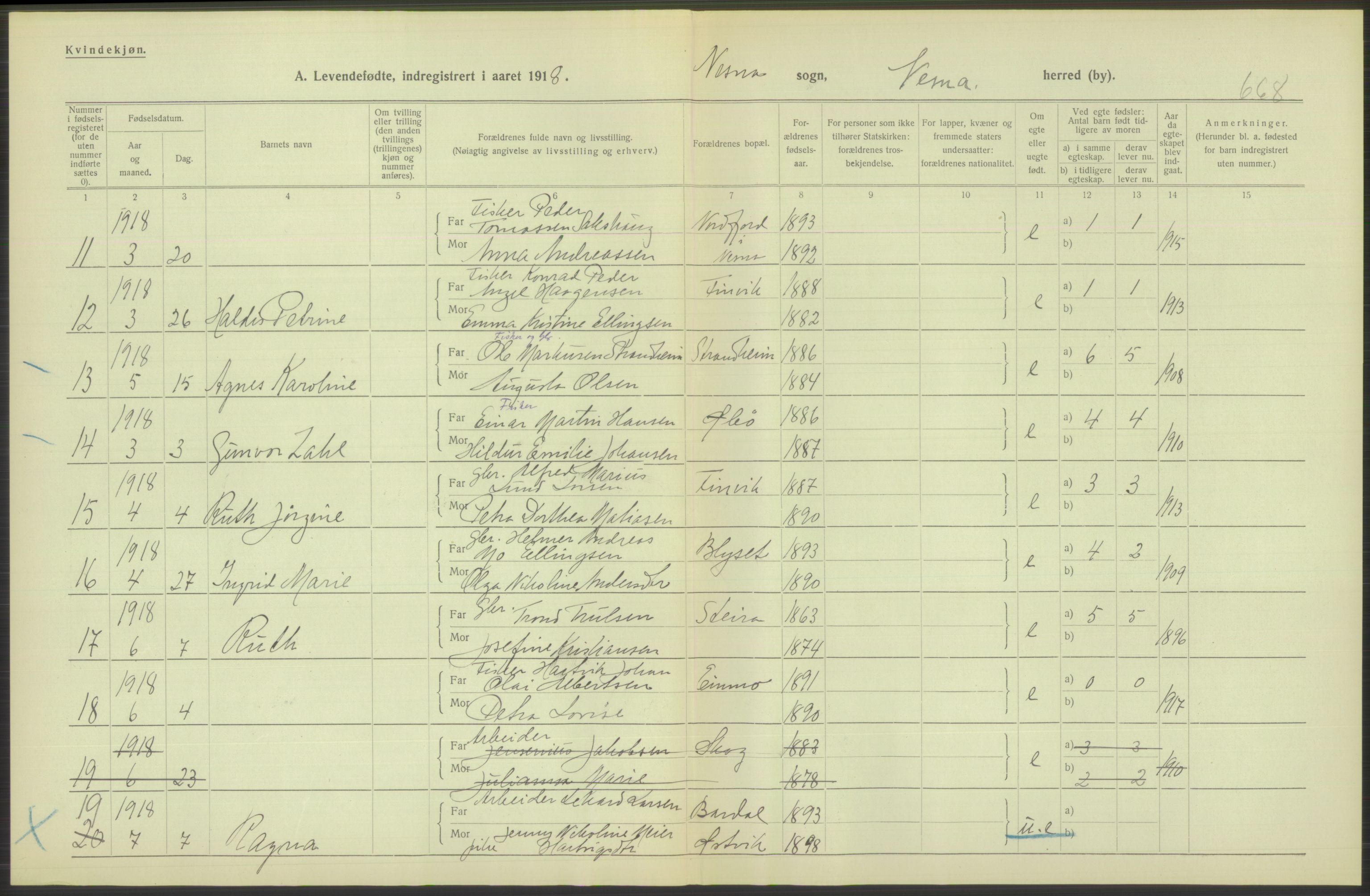 Statistisk sentralbyrå, Sosiodemografiske emner, Befolkning, AV/RA-S-2228/D/Df/Dfb/Dfbh/L0052: Nordland fylke: Levendefødte menn og kvinner. Bygder., 1918, s. 618