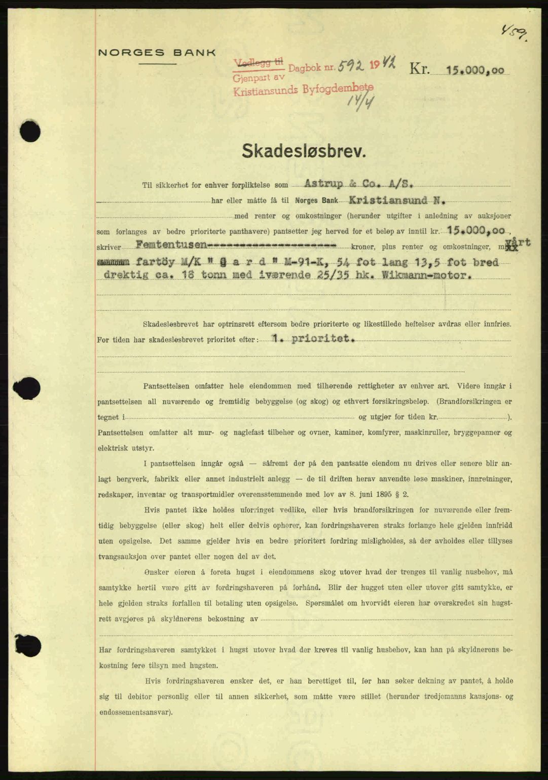 Kristiansund byfogd, AV/SAT-A-4587/A/27: Pantebok nr. 35, 1941-1942, Dagboknr: 592/1942