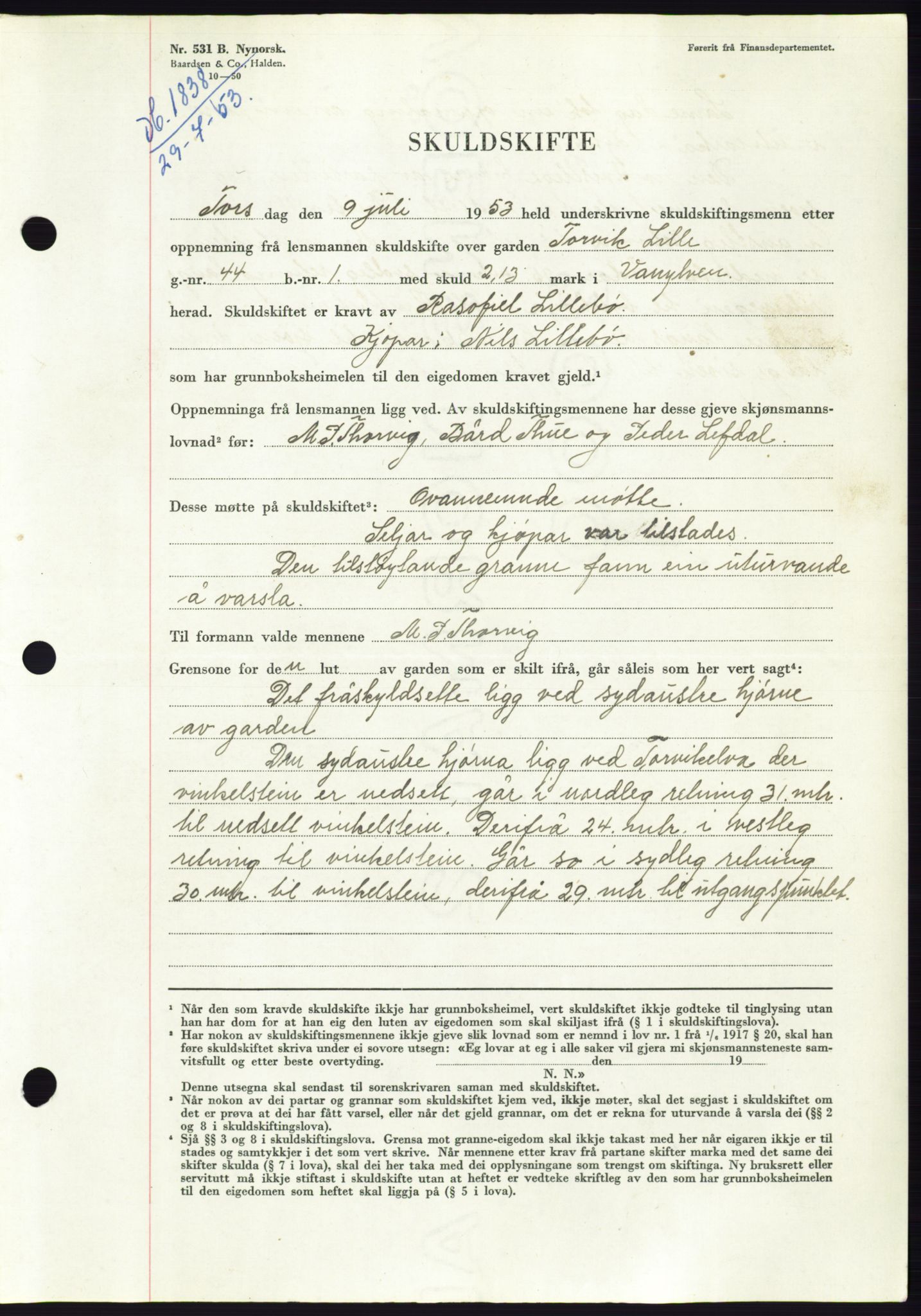 Søre Sunnmøre sorenskriveri, AV/SAT-A-4122/1/2/2C/L0095: Pantebok nr. 21A, 1953-1953, Dagboknr: 1838/1953