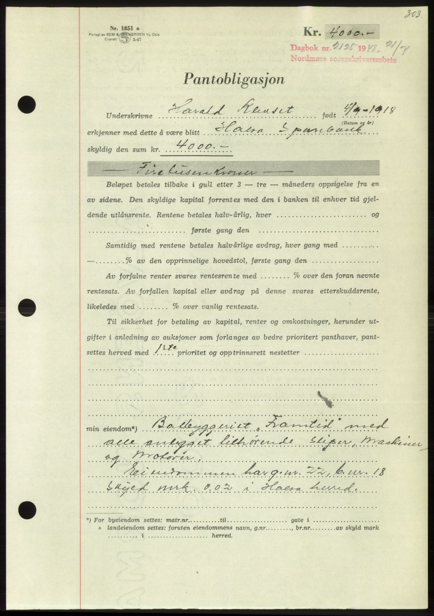 Nordmøre sorenskriveri, AV/SAT-A-4132/1/2/2Ca: Pantebok nr. B99, 1948-1948, Dagboknr: 2125/1948