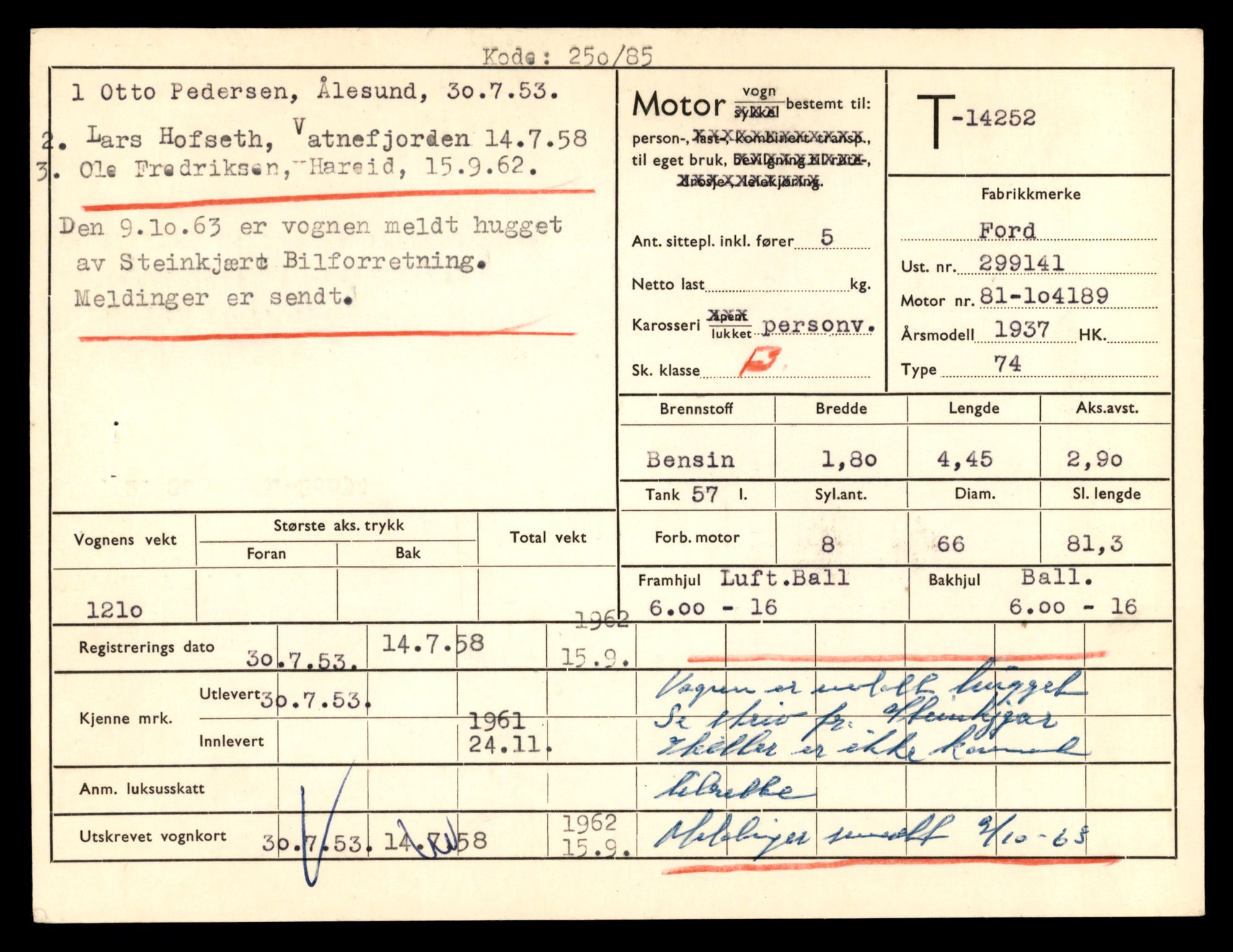 Møre og Romsdal vegkontor - Ålesund trafikkstasjon, AV/SAT-A-4099/F/Fe/L0044: Registreringskort for kjøretøy T 14205 - T 14319, 1927-1998, s. 1402