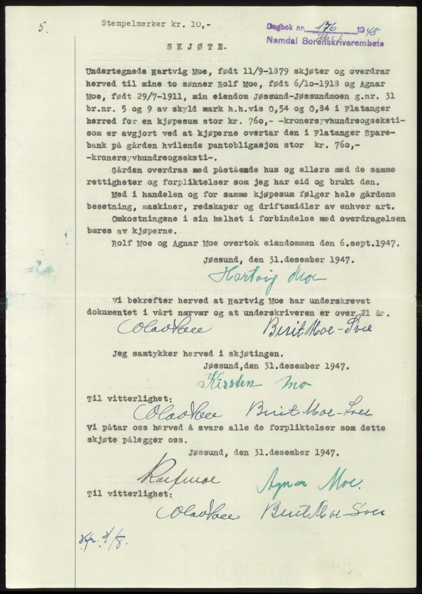 Namdal sorenskriveri, SAT/A-4133/1/2/2C: Pantebok nr. -, 1947-1948, Dagboknr: 176/1948