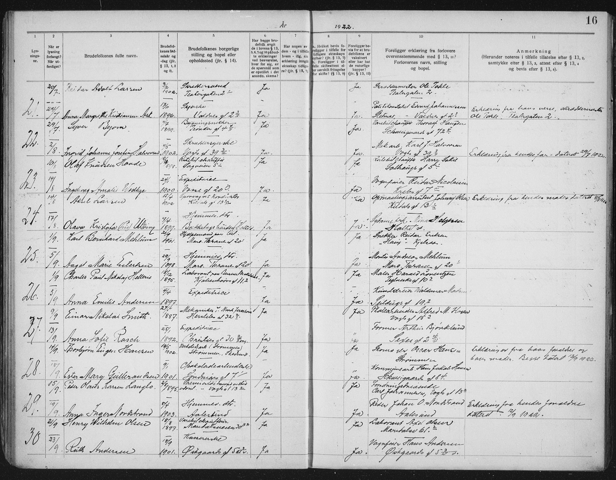 Lilleborg prestekontor Kirkebøker, AV/SAO-A-10343a/H/L0002: Lysningsprotokoll nr. 2, 1919-1940, s. 16