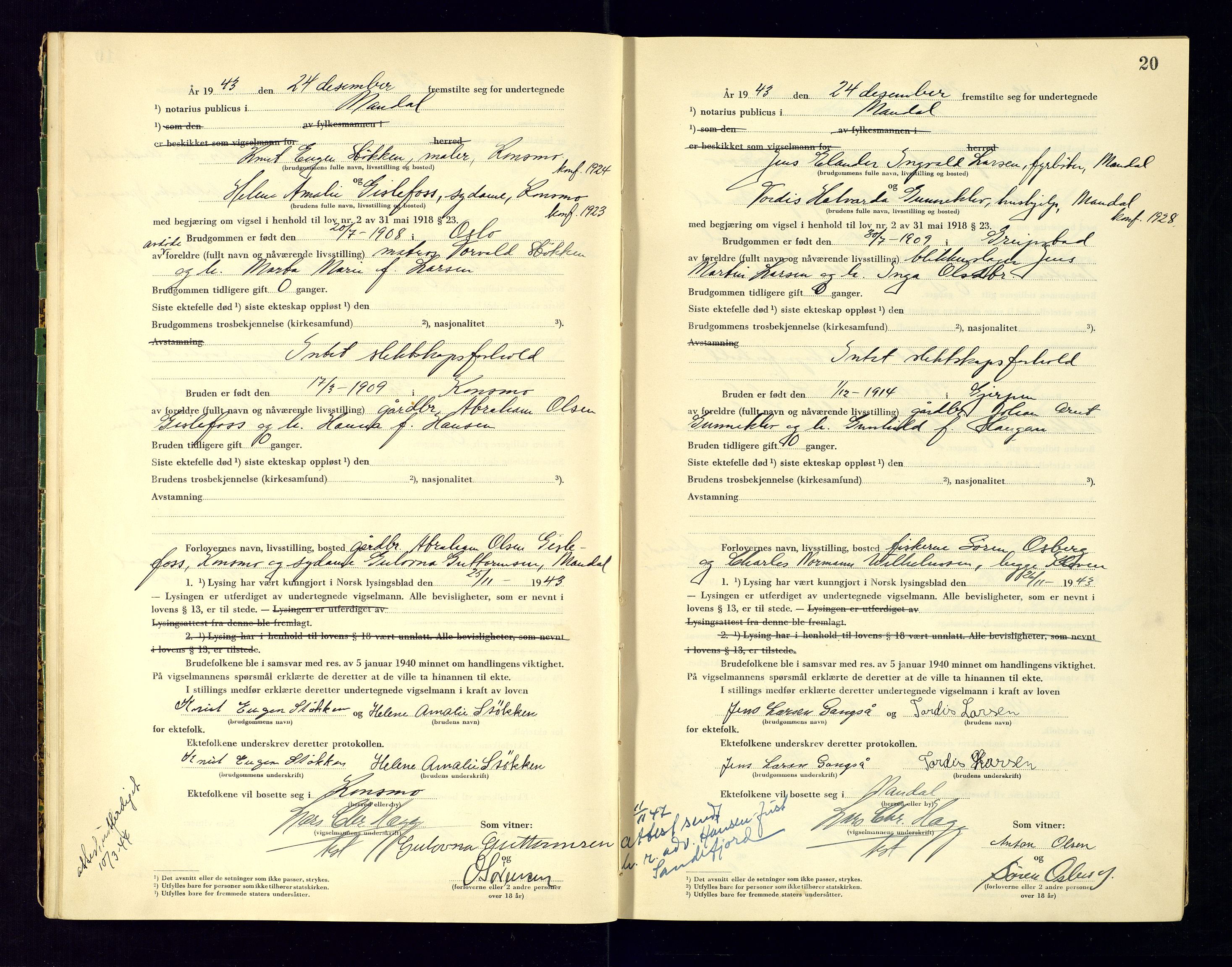 Mandal sorenskriveri, SAK/1221-0005/001/L/Ld/L0002: Vigselbok nr 2, 1943-1945, s. 20