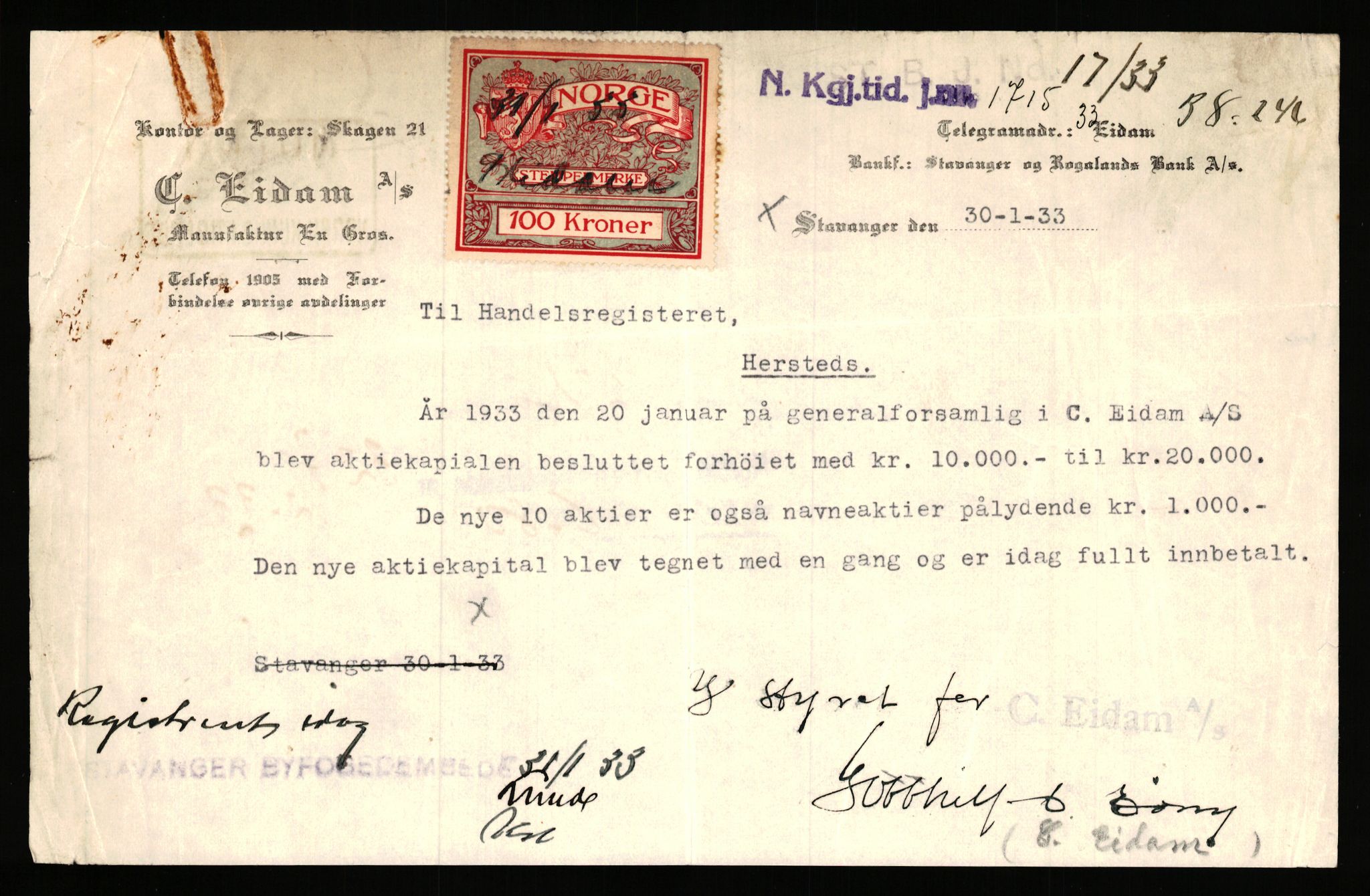Stavanger byfogd, AV/SAST-A-101408/002/J/Jd/Jde/L0034: Registreringsmeldinger og bilag. Aksjeselskap, 99-165, 1915-1961, s. 22