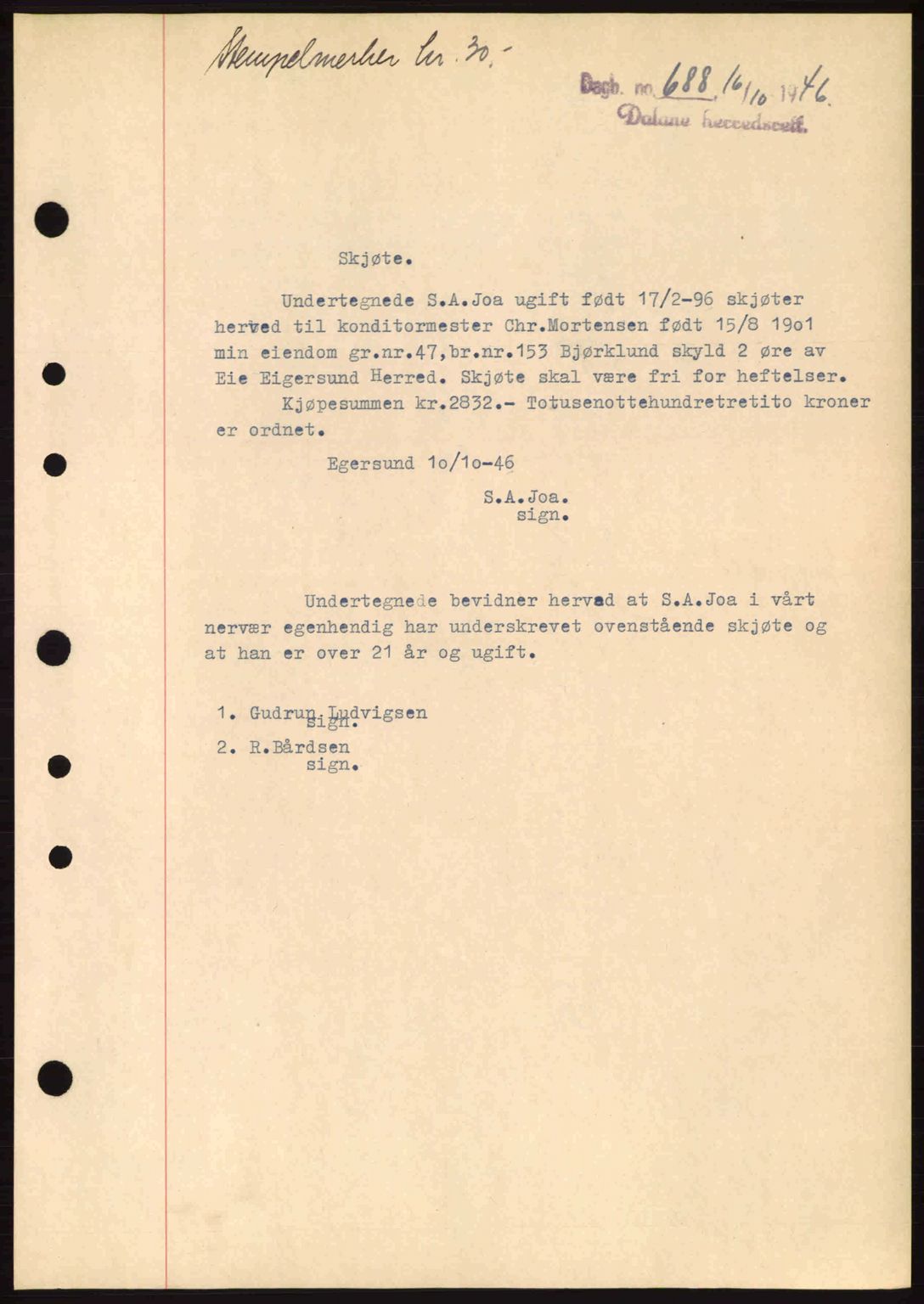 Dalane sorenskriveri, SAST/A-100309/02/G/Gb/L0049: Pantebok nr. A9, 1946-1947, Dagboknr: 688/1946