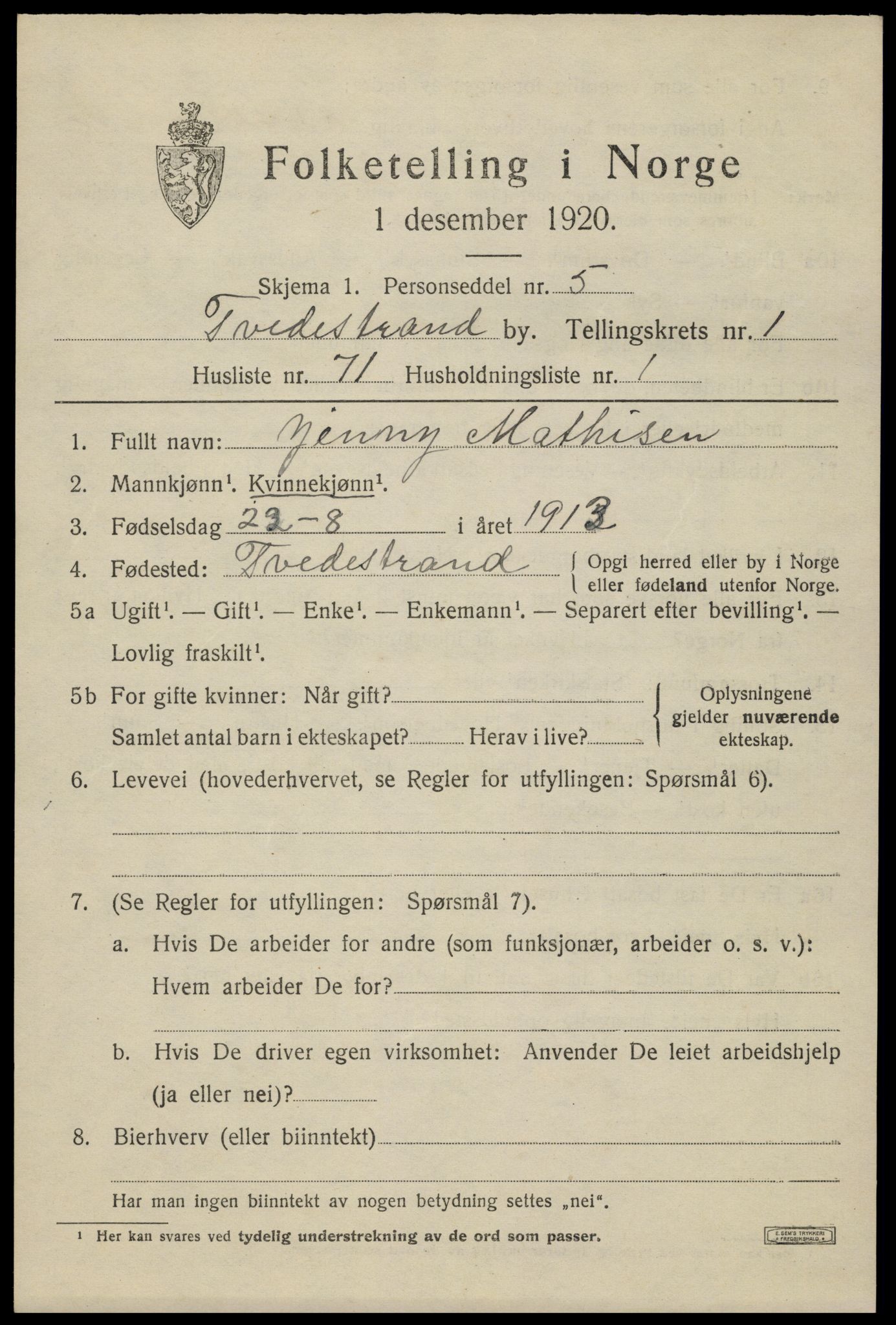 SAK, Folketelling 1920 for 0902 Tvedestrand ladested, 1920, s. 2123