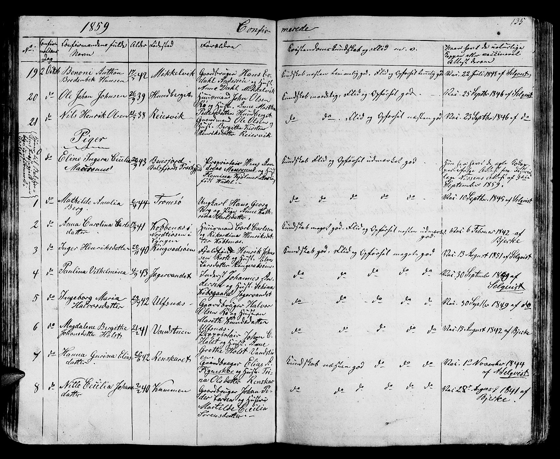 Karlsøy sokneprestembete, AV/SATØ-S-1299/H/Ha/Hab/L0002klokker: Klokkerbok nr. 2, 1843-1861, s. 135