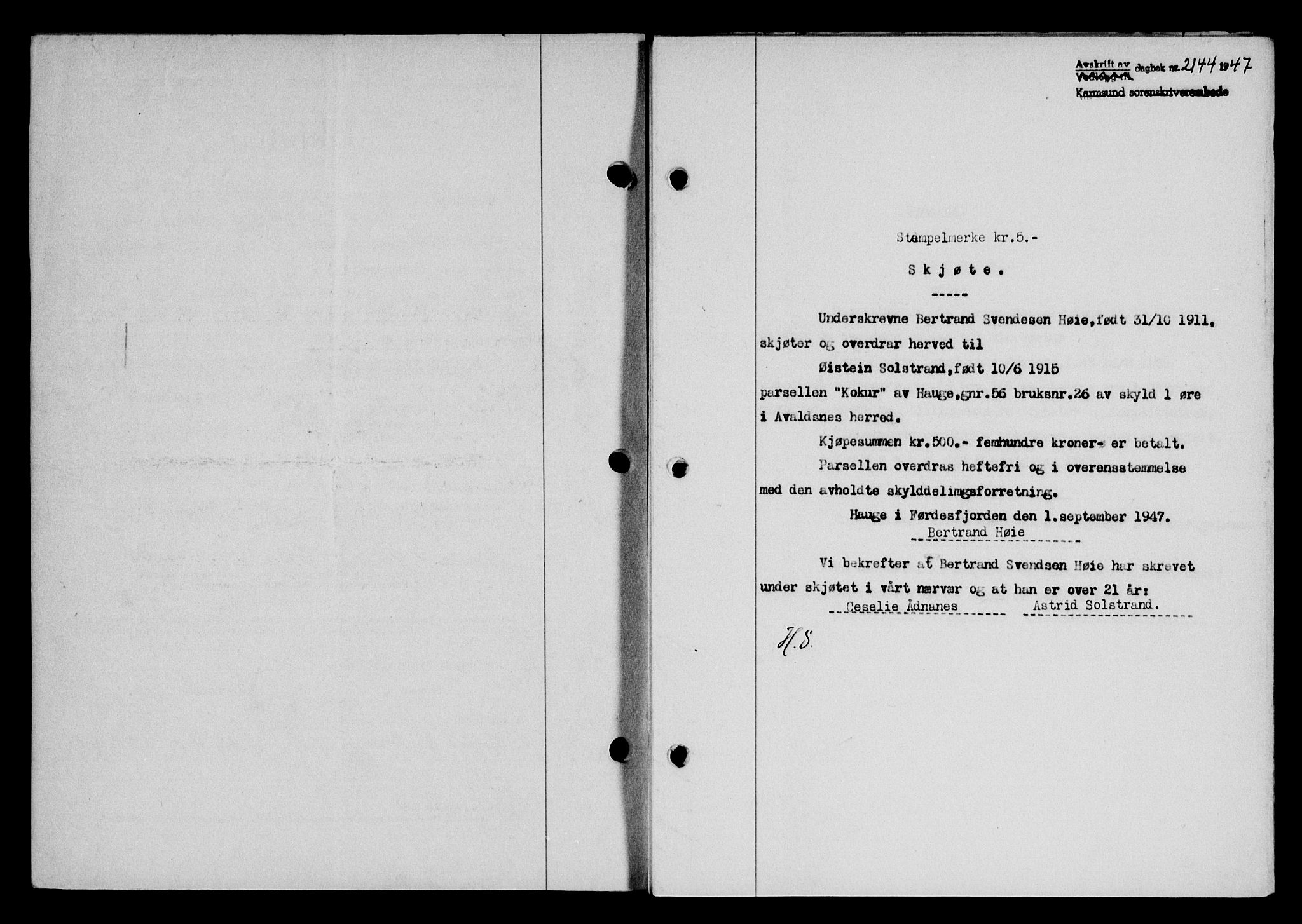 Karmsund sorenskriveri, SAST/A-100311/01/II/IIB/L0090: Pantebok nr. 70A, 1947-1947, Dagboknr: 2144/1947