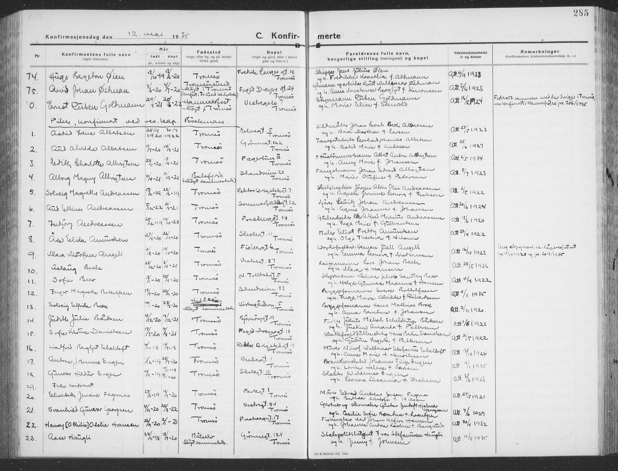 Tromsø sokneprestkontor/stiftsprosti/domprosti, SATØ/S-1343/G/Gb/L0010klokker: Klokkerbok nr. 10, 1925-1937, s. 285