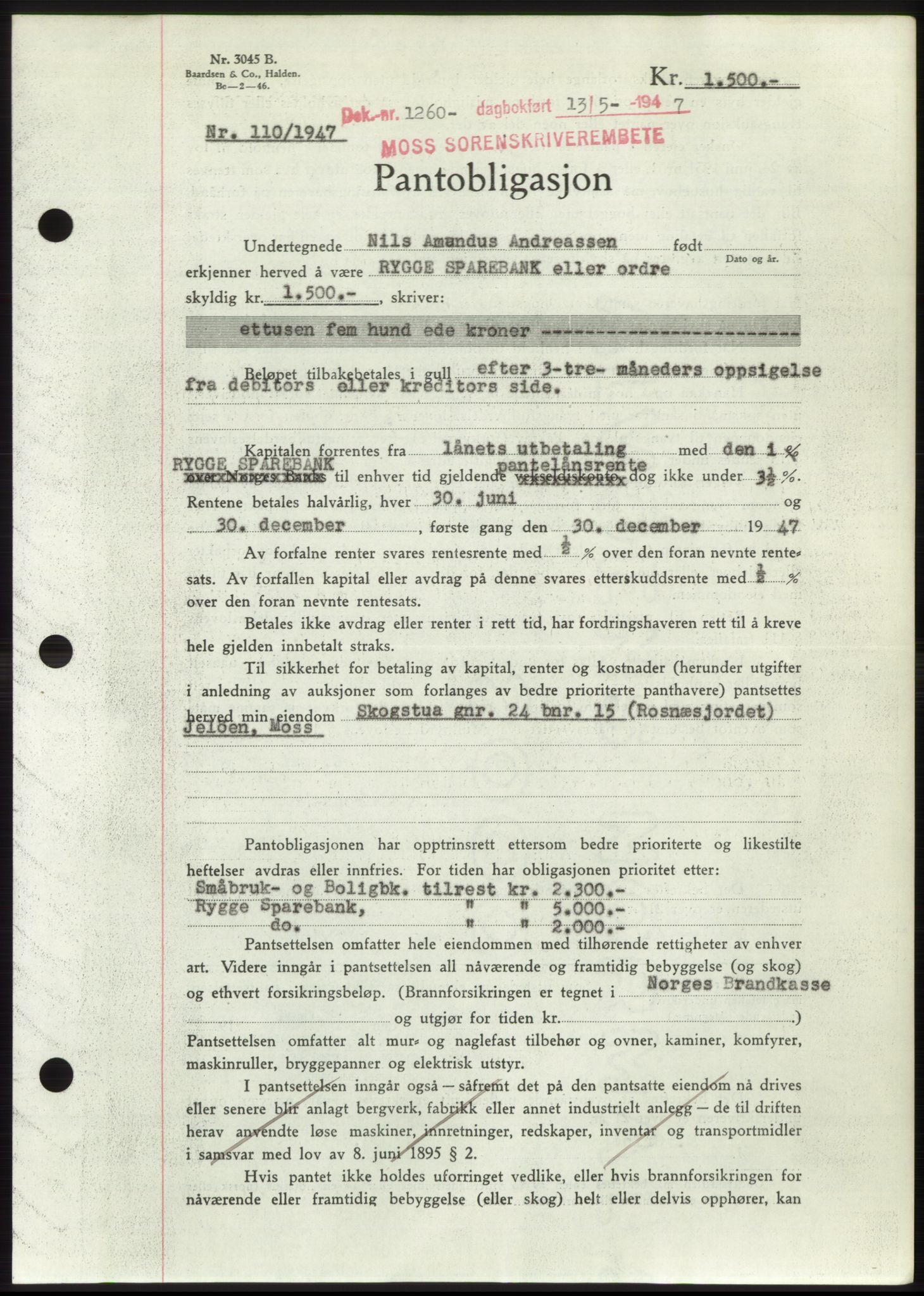 Moss sorenskriveri, SAO/A-10168: Pantebok nr. B17, 1947-1947, Dagboknr: 1260/1947