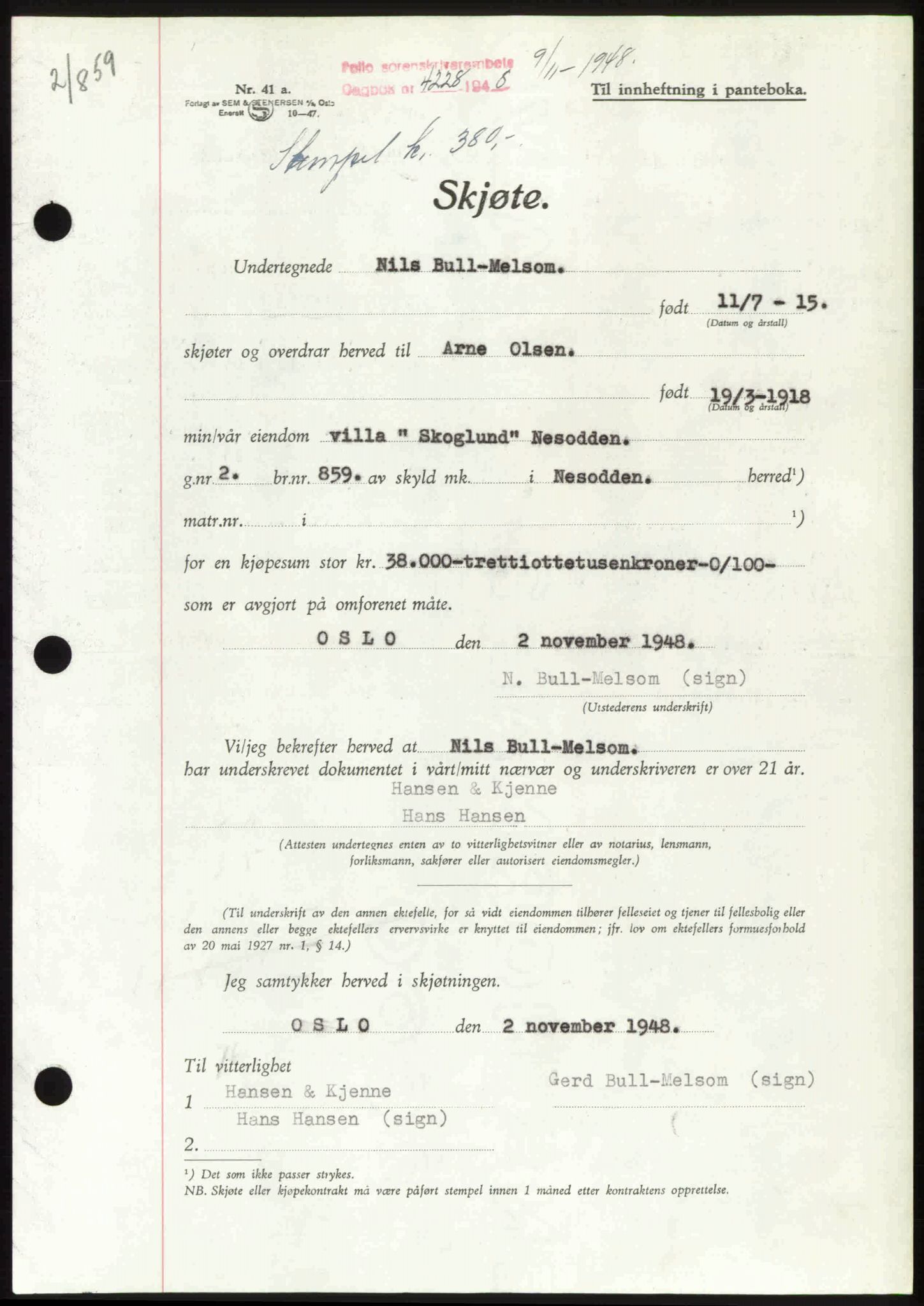 Follo sorenskriveri, SAO/A-10274/G/Ga/Gaa/L0085: Pantebok nr. I 85, 1948-1948, Dagboknr: 4228/1948