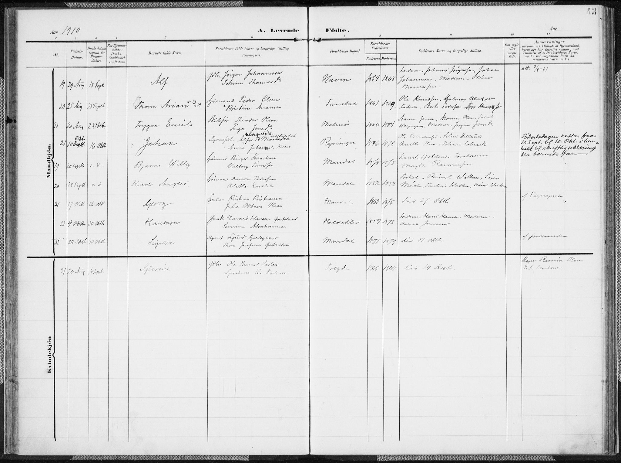Mandal sokneprestkontor, AV/SAK-1111-0030/F/Fa/Faa/L0020: Ministerialbok nr. A 20, 1906-1912, s. 43