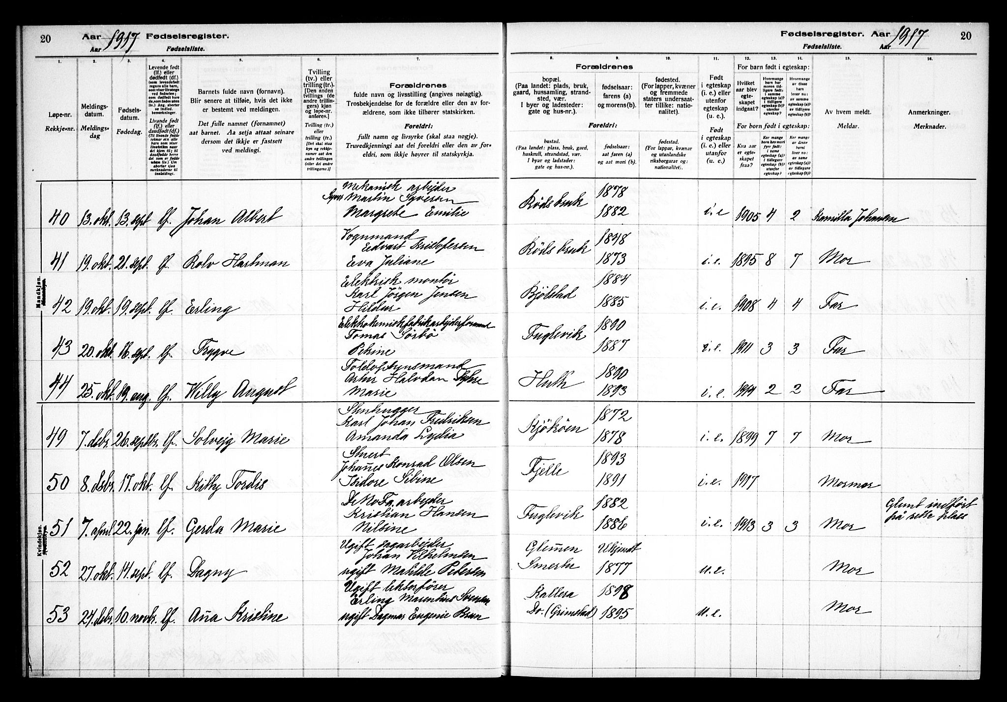 Kråkerøy prestekontor Kirkebøker, AV/SAO-A-10912/J/Ja/L0001: Fødselsregister nr. 1, 1916-1938, s. 20