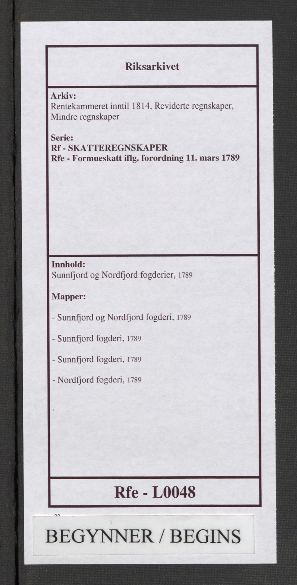 Rentekammeret inntil 1814, Reviderte regnskaper, Mindre regnskaper, RA/EA-4068/Rf/Rfe/L0048: Sunnfjord og Nordfjord fogderier, 1789, s. 1