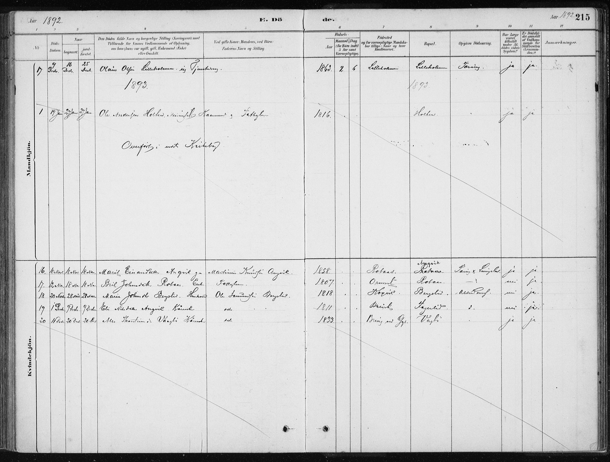 Ministerialprotokoller, klokkerbøker og fødselsregistre - Møre og Romsdal, AV/SAT-A-1454/586/L0987: Ministerialbok nr. 586A13, 1879-1892, s. 215