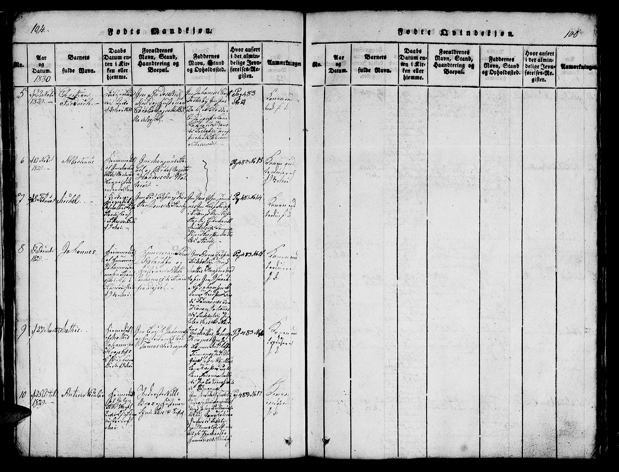 Skjervøy sokneprestkontor, AV/SATØ-S-1300/H/Ha/Hab/L0001klokker: Klokkerbok nr. 1, 1825-1838, s. 104-105