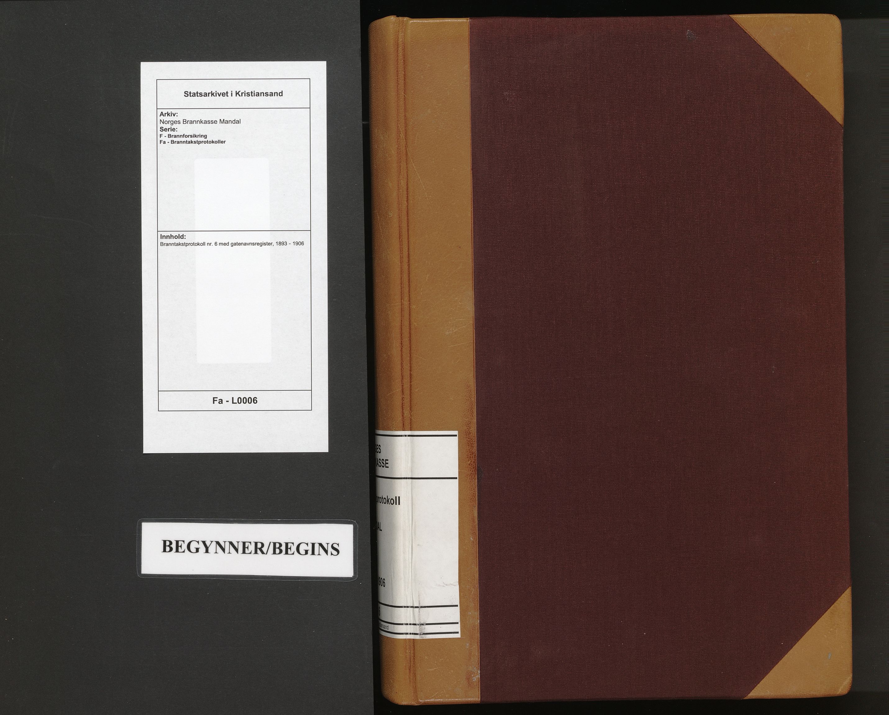 Norges Brannkasse Mandal, SAK/2241-0037/F/Fa/L0006: Branntakstprotokoll nr. 6 med gatenavnsregister, 1893-1906
