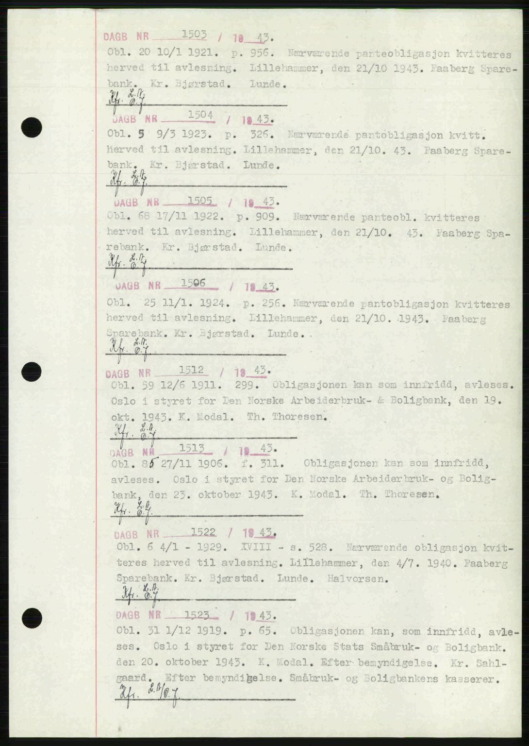Sør-Gudbrandsdal tingrett, SAH/TING-004/H/Hb/Hbf/L0002: Pantebok nr. C1, 1938-1951, Dagboknr: 1503/1943