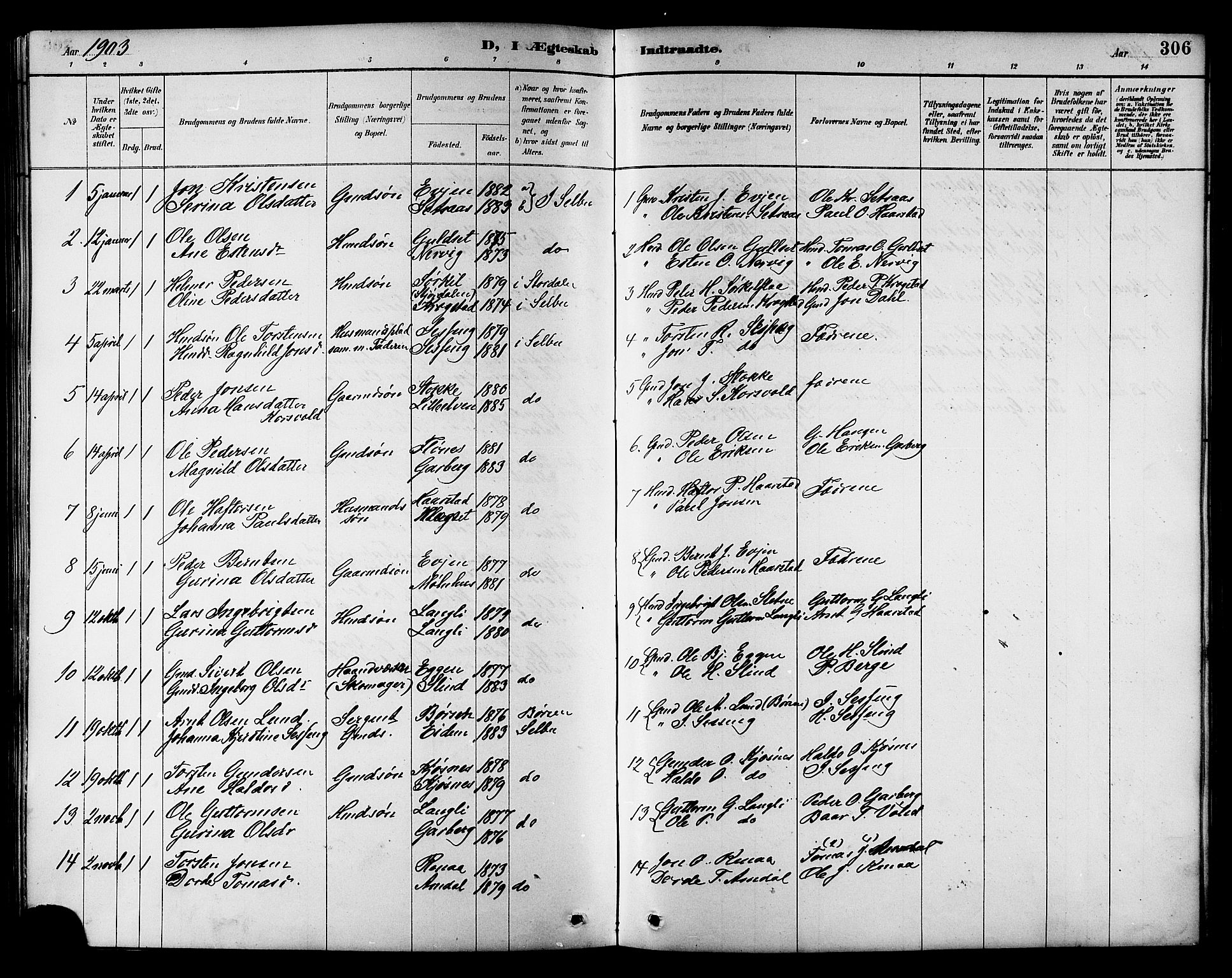 Ministerialprotokoller, klokkerbøker og fødselsregistre - Sør-Trøndelag, AV/SAT-A-1456/695/L1157: Klokkerbok nr. 695C08, 1889-1913, s. 306