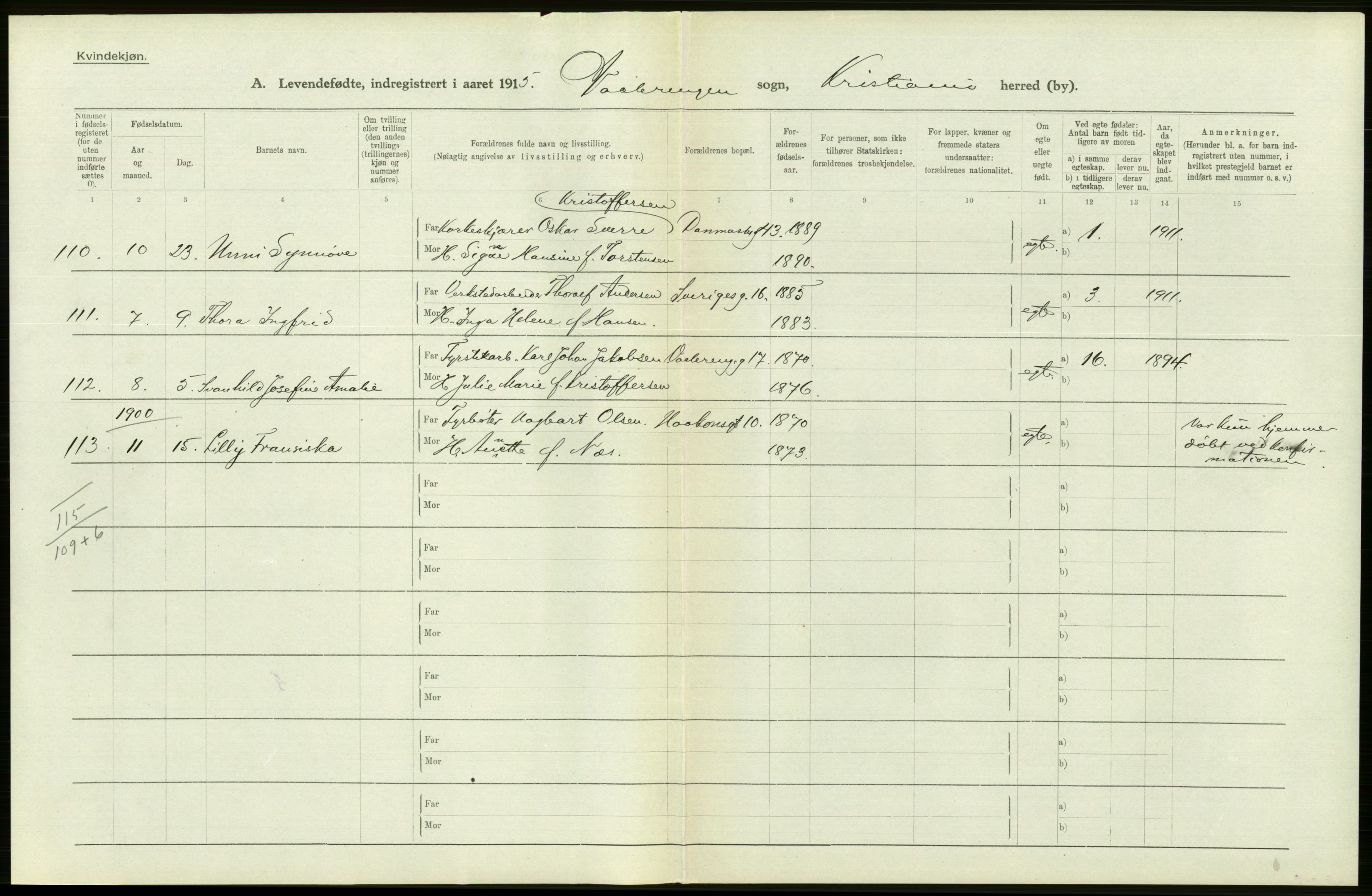 Statistisk sentralbyrå, Sosiodemografiske emner, Befolkning, RA/S-2228/D/Df/Dfb/Dfbe/L0006: Kristiania: Levendefødte menn og kvinner., 1915, s. 374