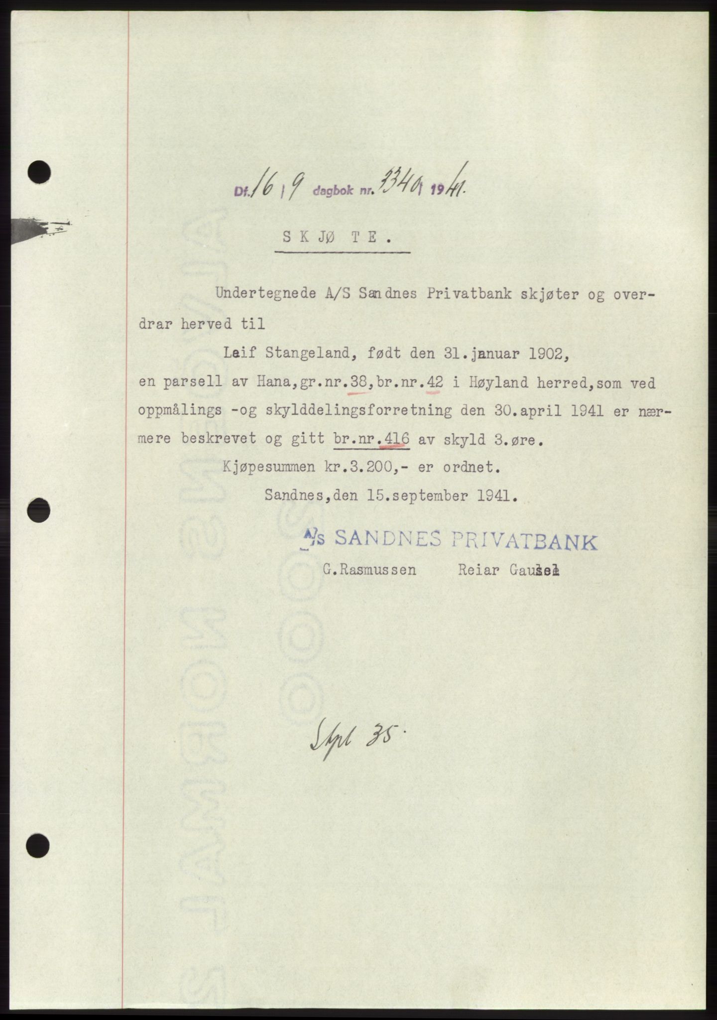 Jæren sorenskriveri, SAST/A-100310/03/G/Gba/L0081: Pantebok, 1941-1941, Dagboknr: 3340/1941