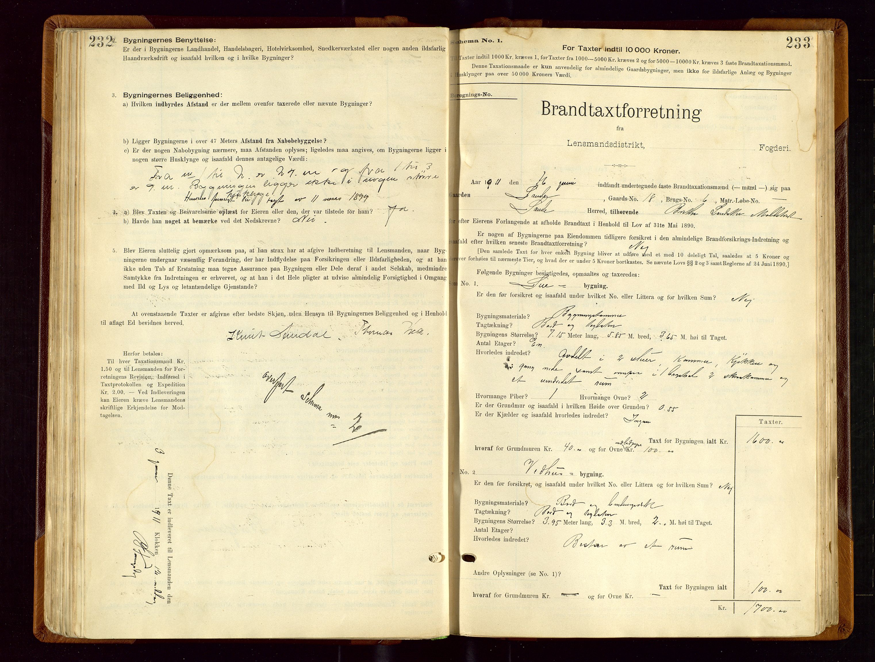 Sauda lensmannskontor, SAST/A-100177/Gob/L0001: Branntakstprotokoll - skjematakst, 1894-1914, s. 232-233