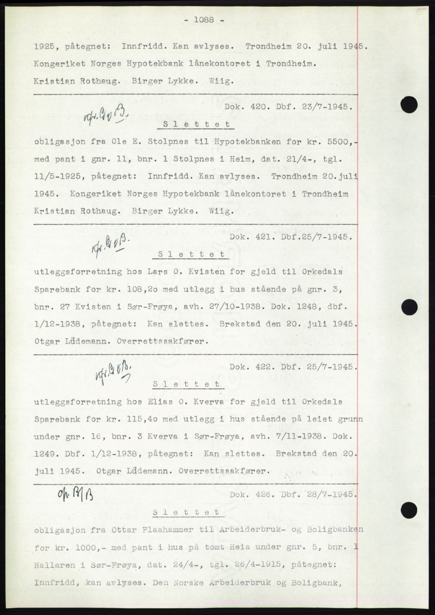 Hitra sorenskriveri, AV/SAT-A-0018/2/2C/2Ca: Pantebok nr. C1, 1936-1945, Dagboknr: 420/1945