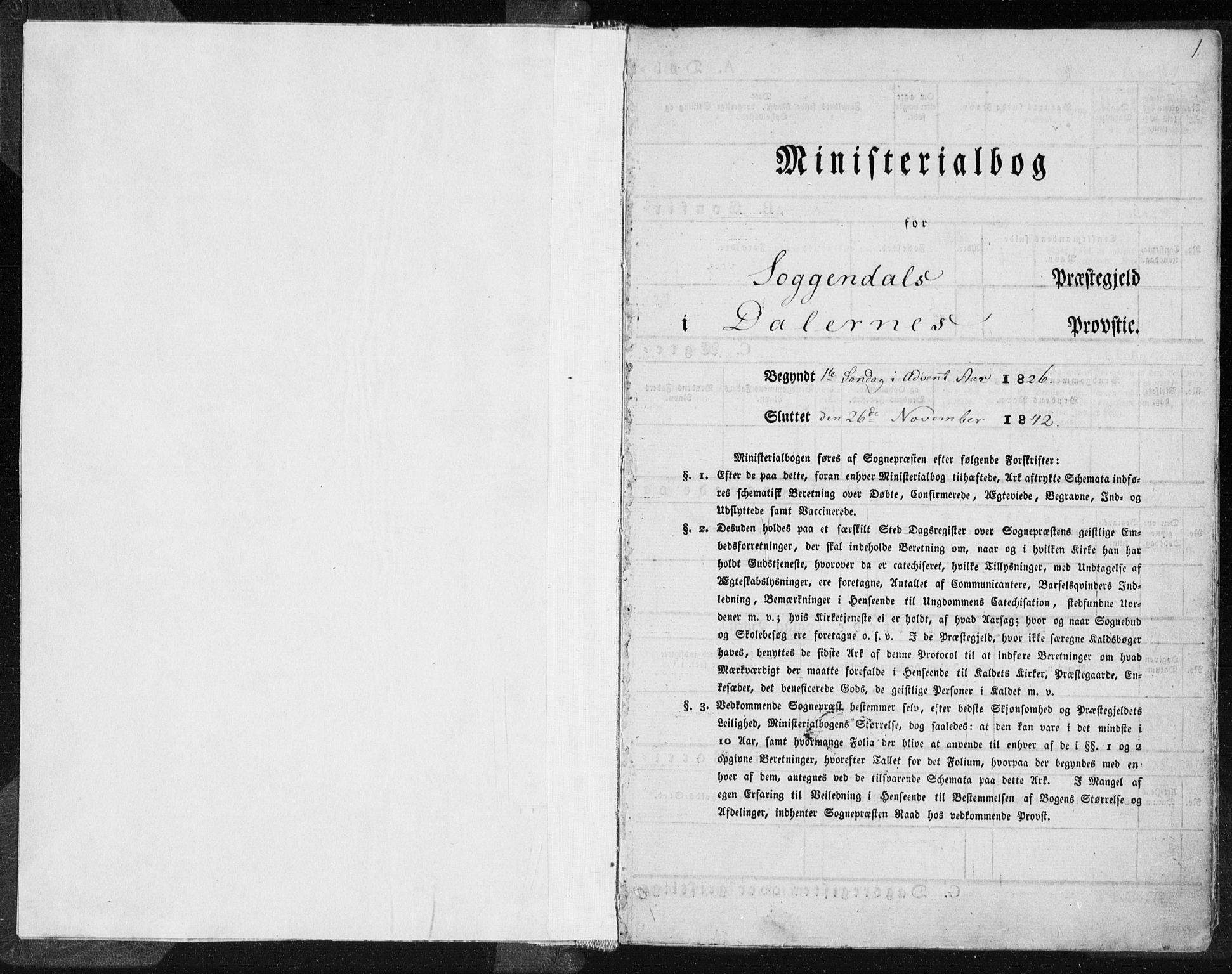 Sokndal sokneprestkontor, SAST/A-101808: Ministerialbok nr. A 7.1, 1826-1842, s. 1
