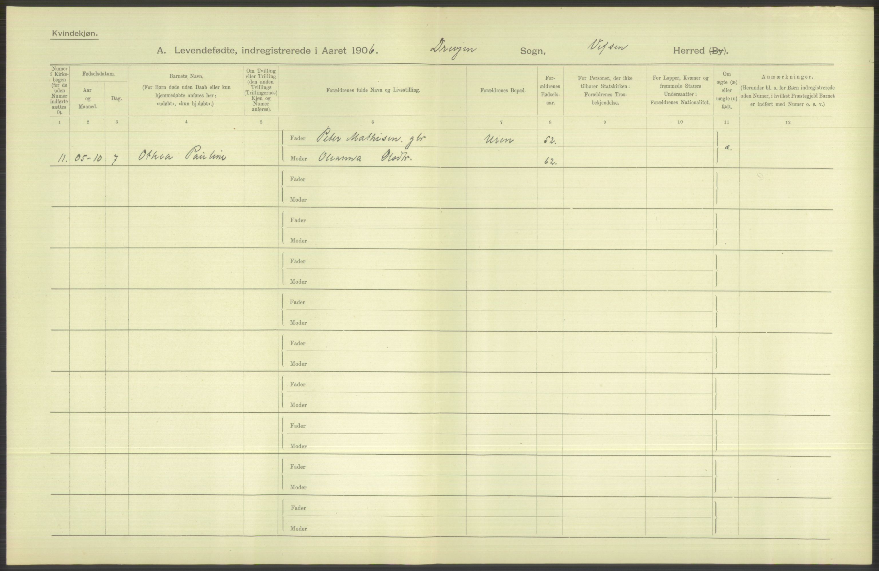 Statistisk sentralbyrå, Sosiodemografiske emner, Befolkning, AV/RA-S-2228/D/Df/Dfa/Dfad/L0043: Nordlands amt: Levendefødte menn og kvinner. Bygder., 1906, s. 56