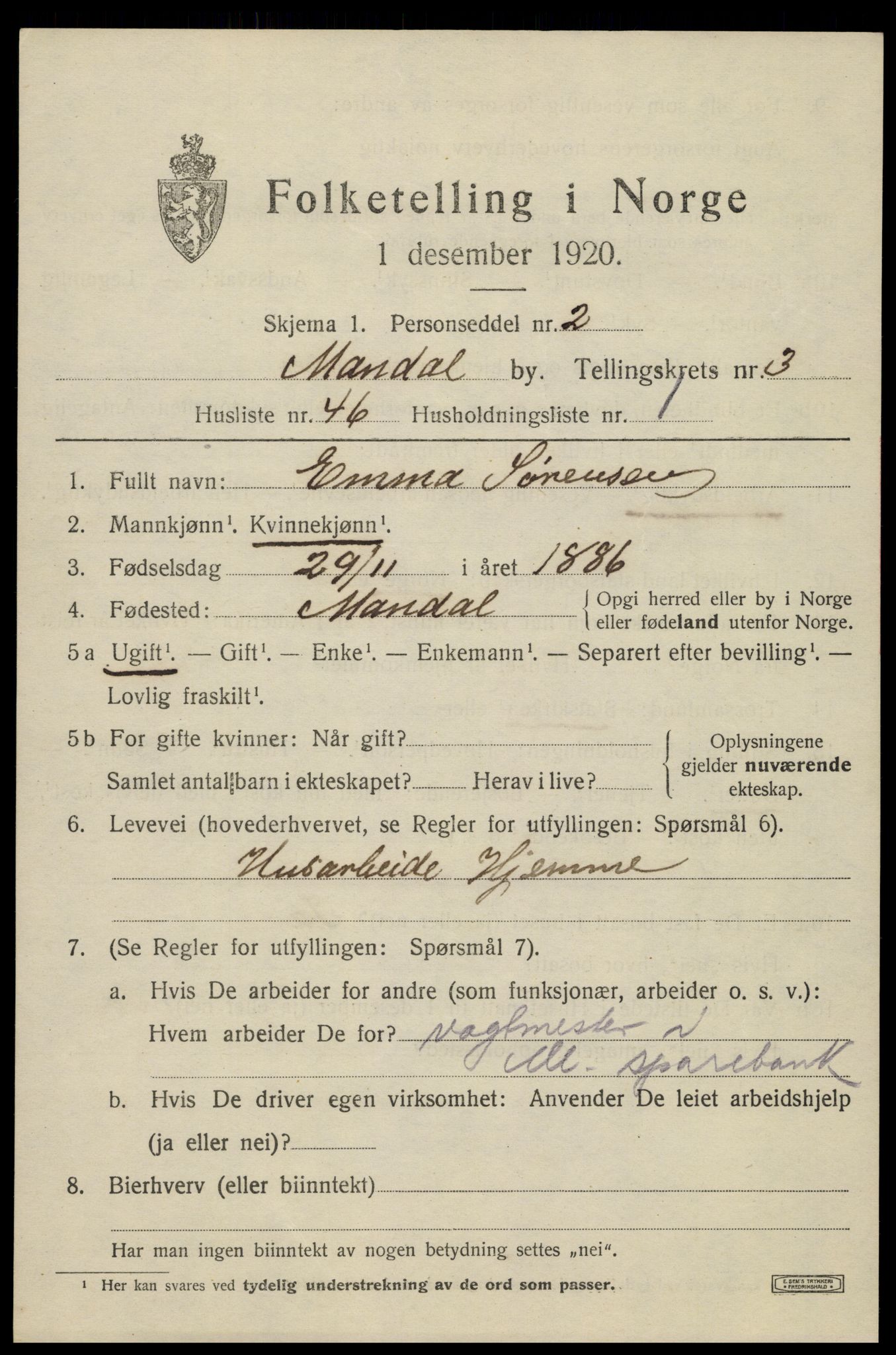 SAK, Folketelling 1920 for 1002 Mandal ladested, 1920, s. 5899