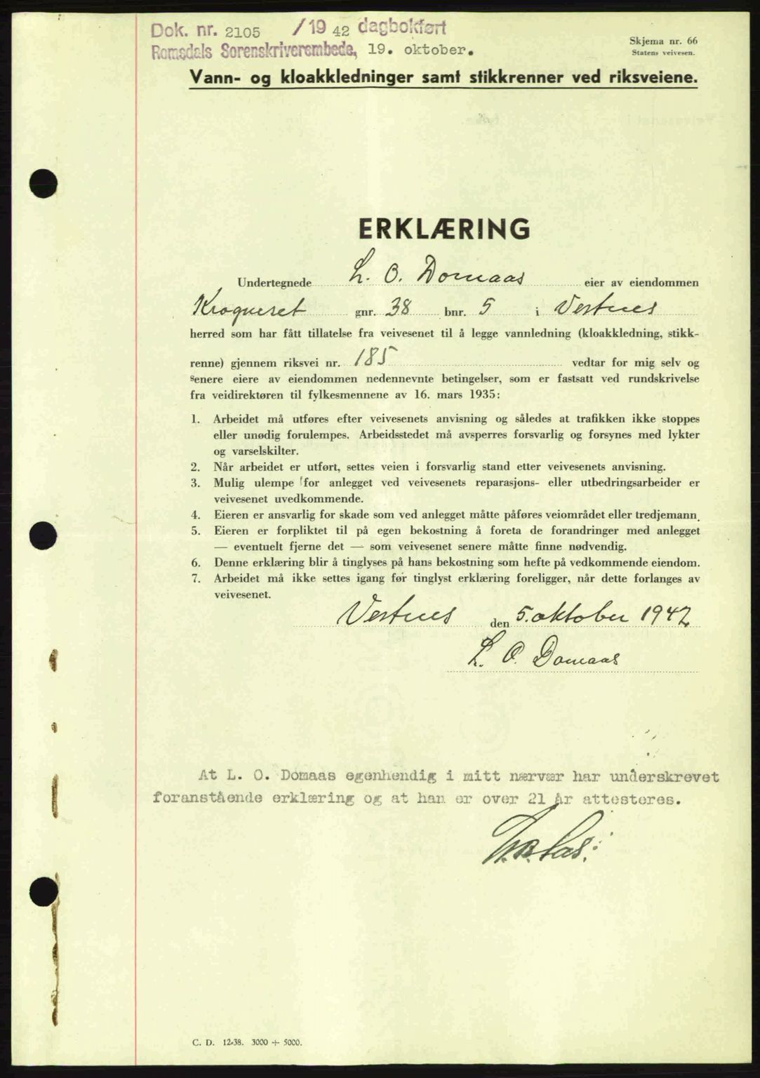 Romsdal sorenskriveri, SAT/A-4149/1/2/2C: Pantebok nr. B2, 1939-1945, Dagboknr: 2105/1942